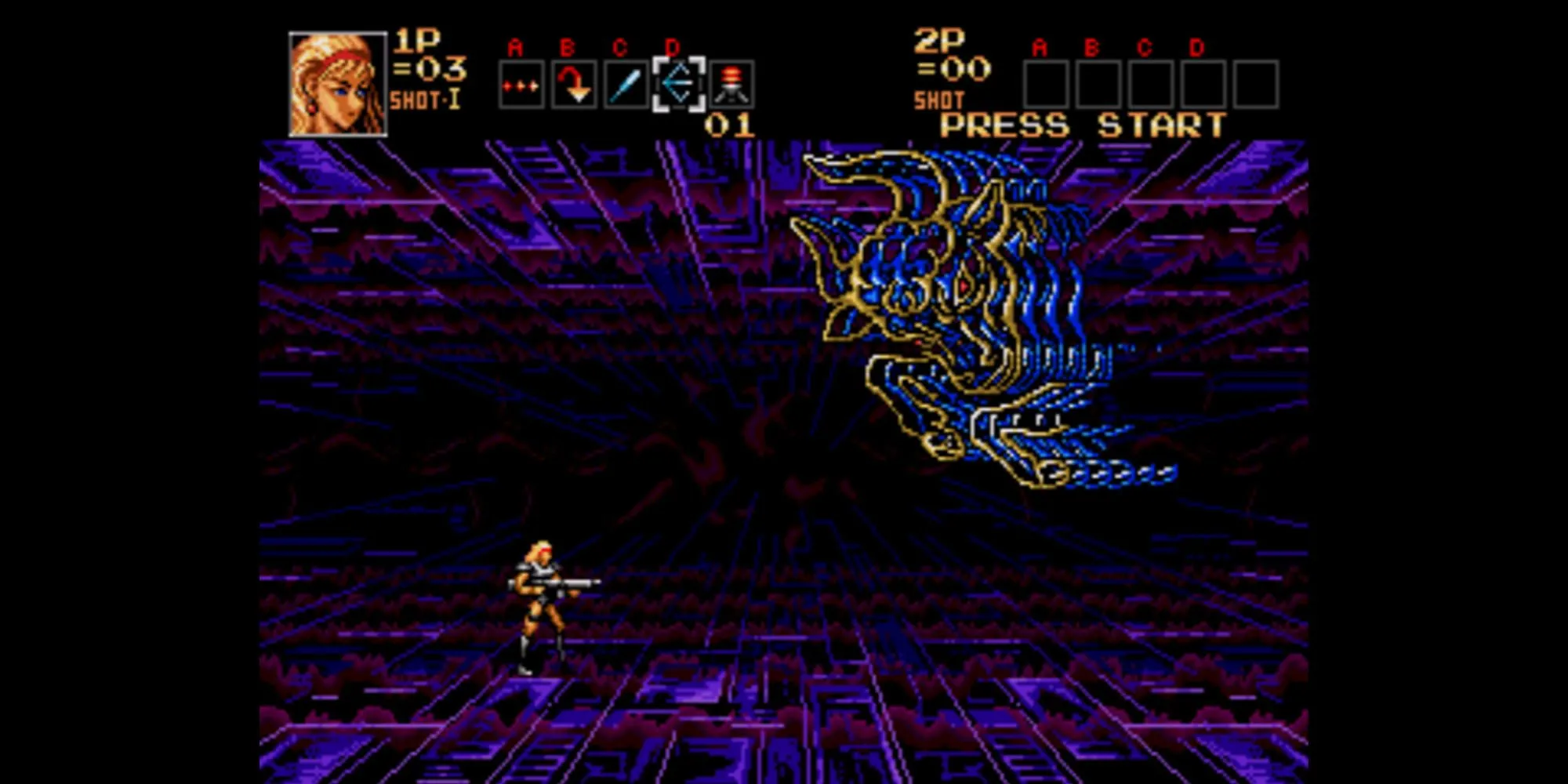 Cảnh hành động chạy và bắn dữ dội của một trong các nhân vật trong Contra: Hard Corps trên Sega Genesis