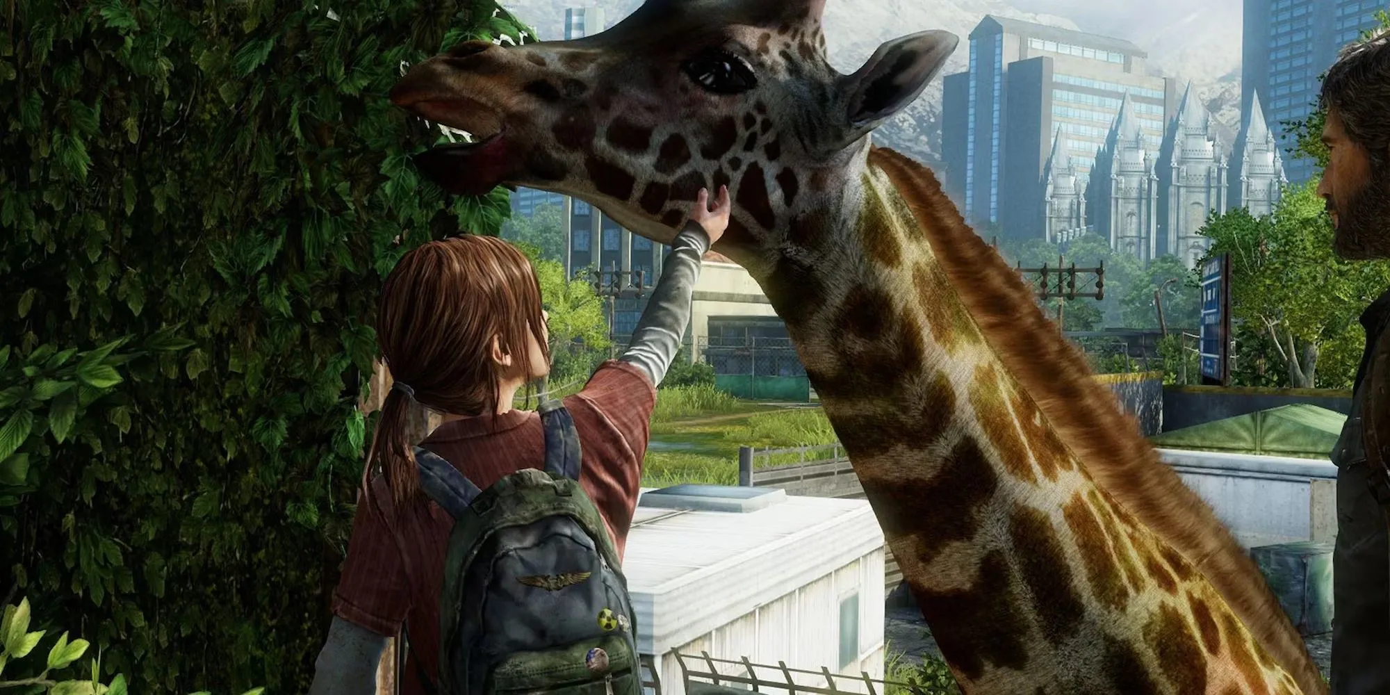 Cảnh Joel và Ellie gặp hươu cao cổ trong The Last of Us, một khoảnh khắc yên bình hiếm hoi