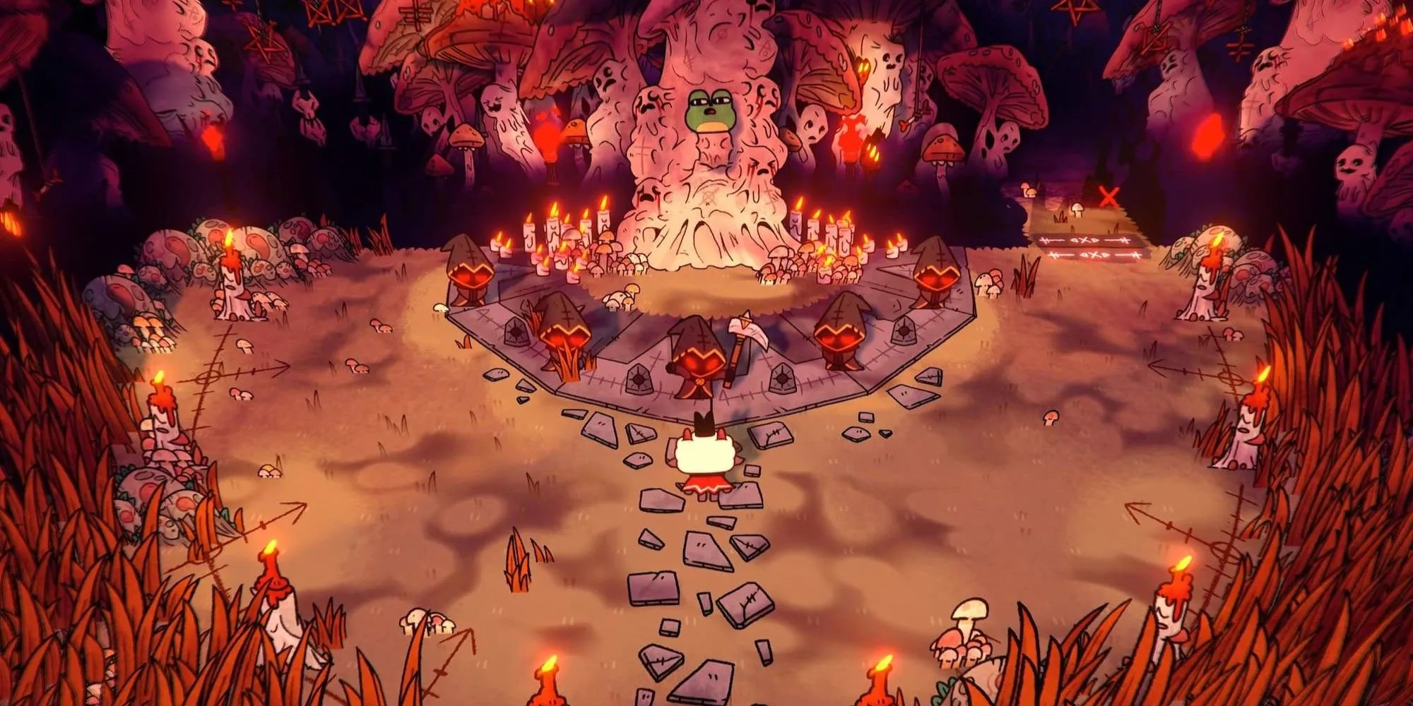 Cảnh ngăn chặn một buổi hiến tế trong game Cult of the Lamb