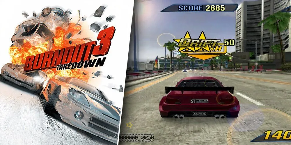 Cảnh va chạm tốc độ cao trong game đua xe Burnout 3 Takedown trên PS2