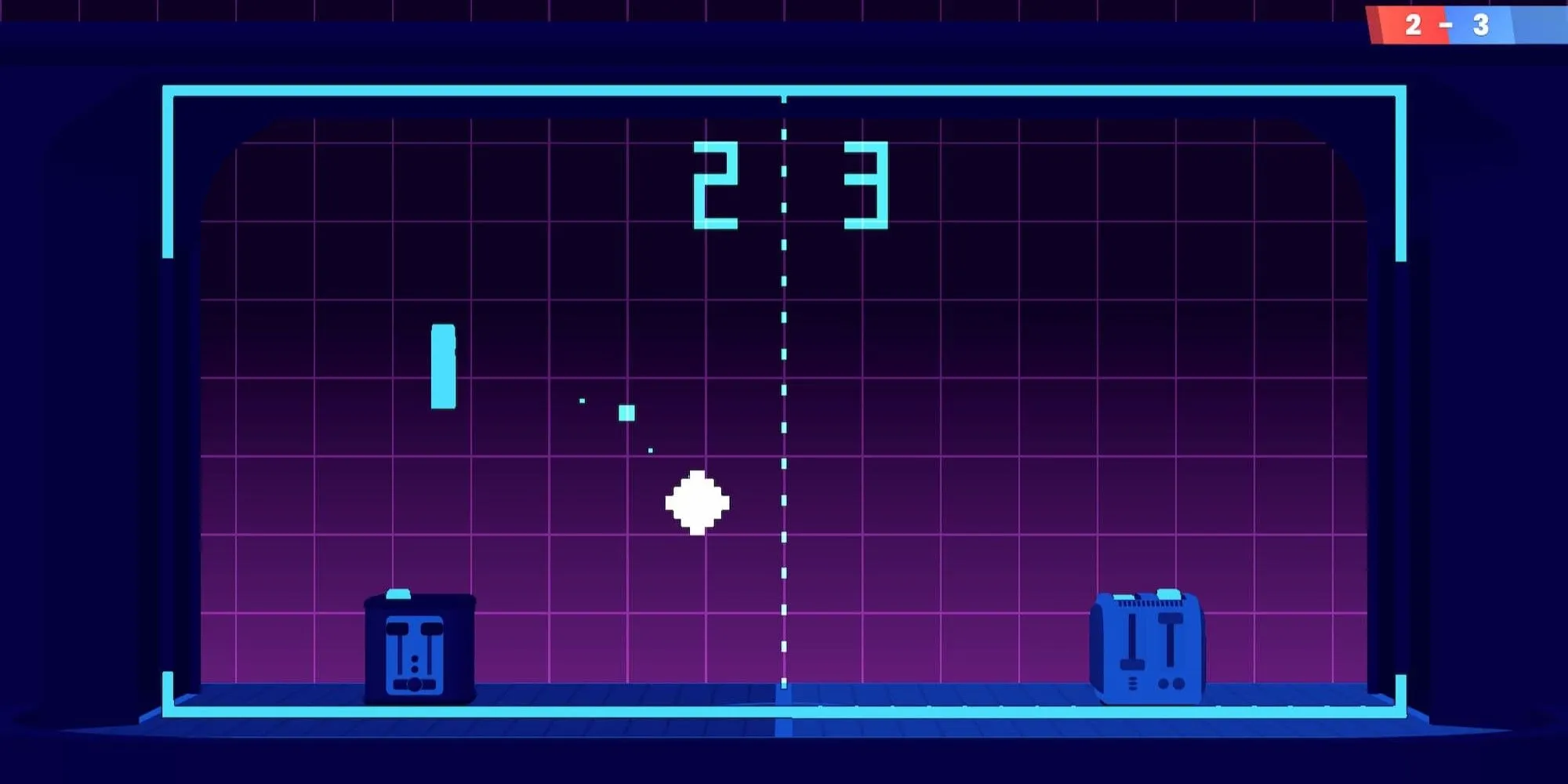 Chế độ Arcade trong Toasterball, hiển thị hai chiếc máy nướng bánh mì đối đầu trên sân chơi tối giản