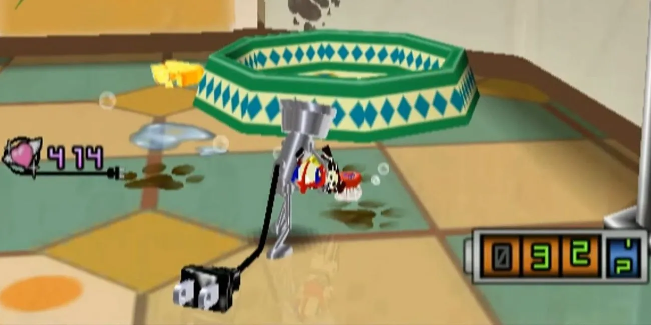 Chibi-Robo đang dọn dẹp với bàn chải đánh răng trong game