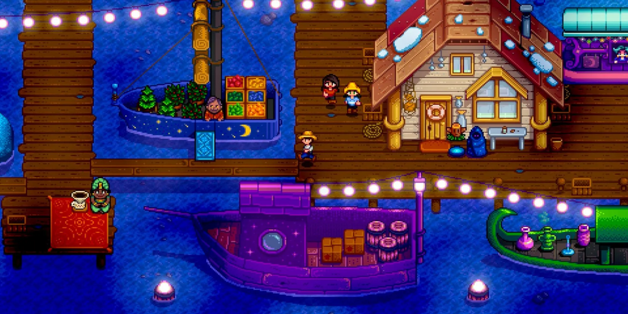 Chợ đêm lung linh với các gian hàng trên thuyền tại Stardew Valley