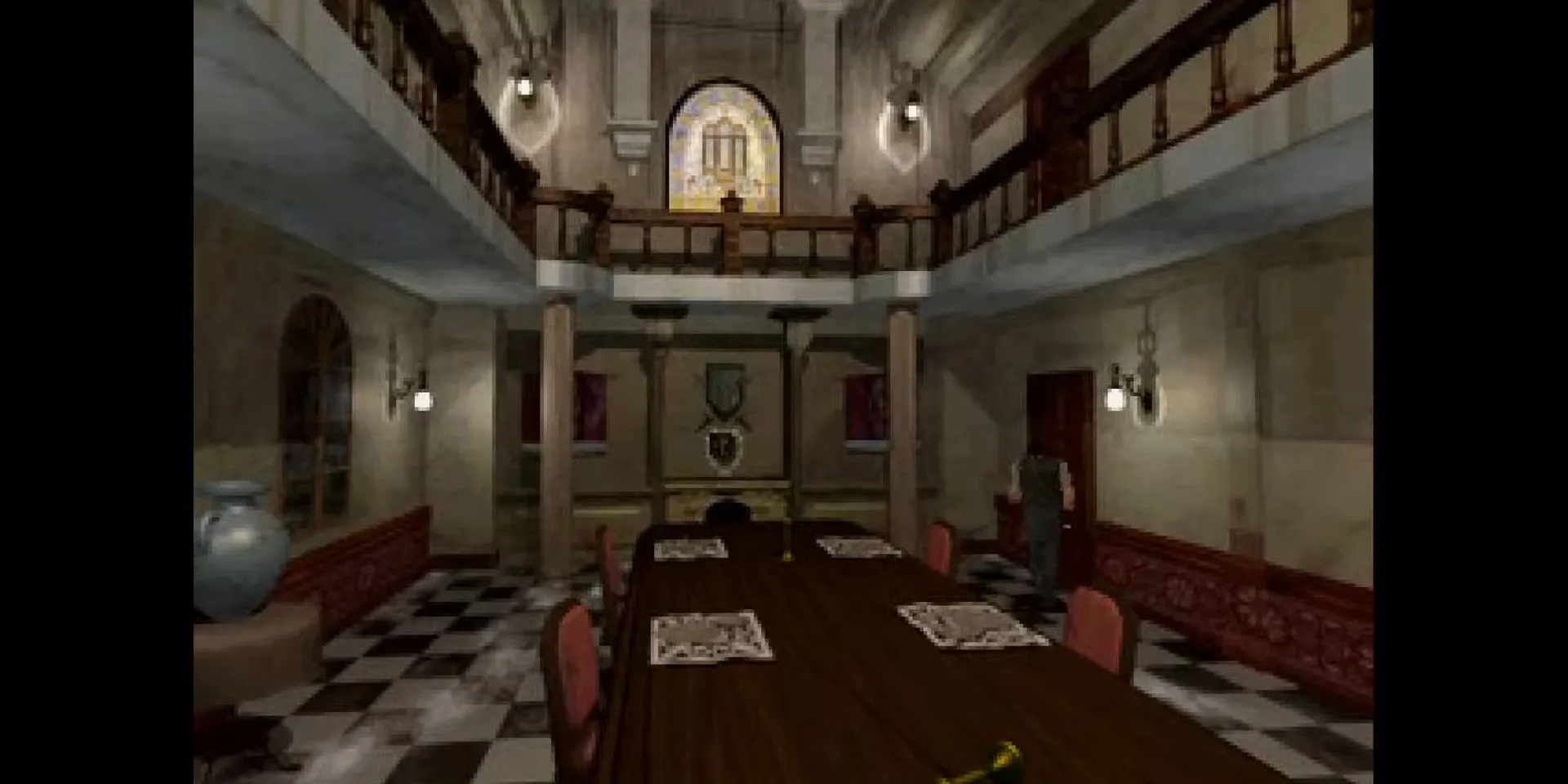 Chris Redfield trong phòng ăn của dinh thự Spencer trong Resident Evil gốc, phông nền dựng sẵn tạo không khí rùng rợn