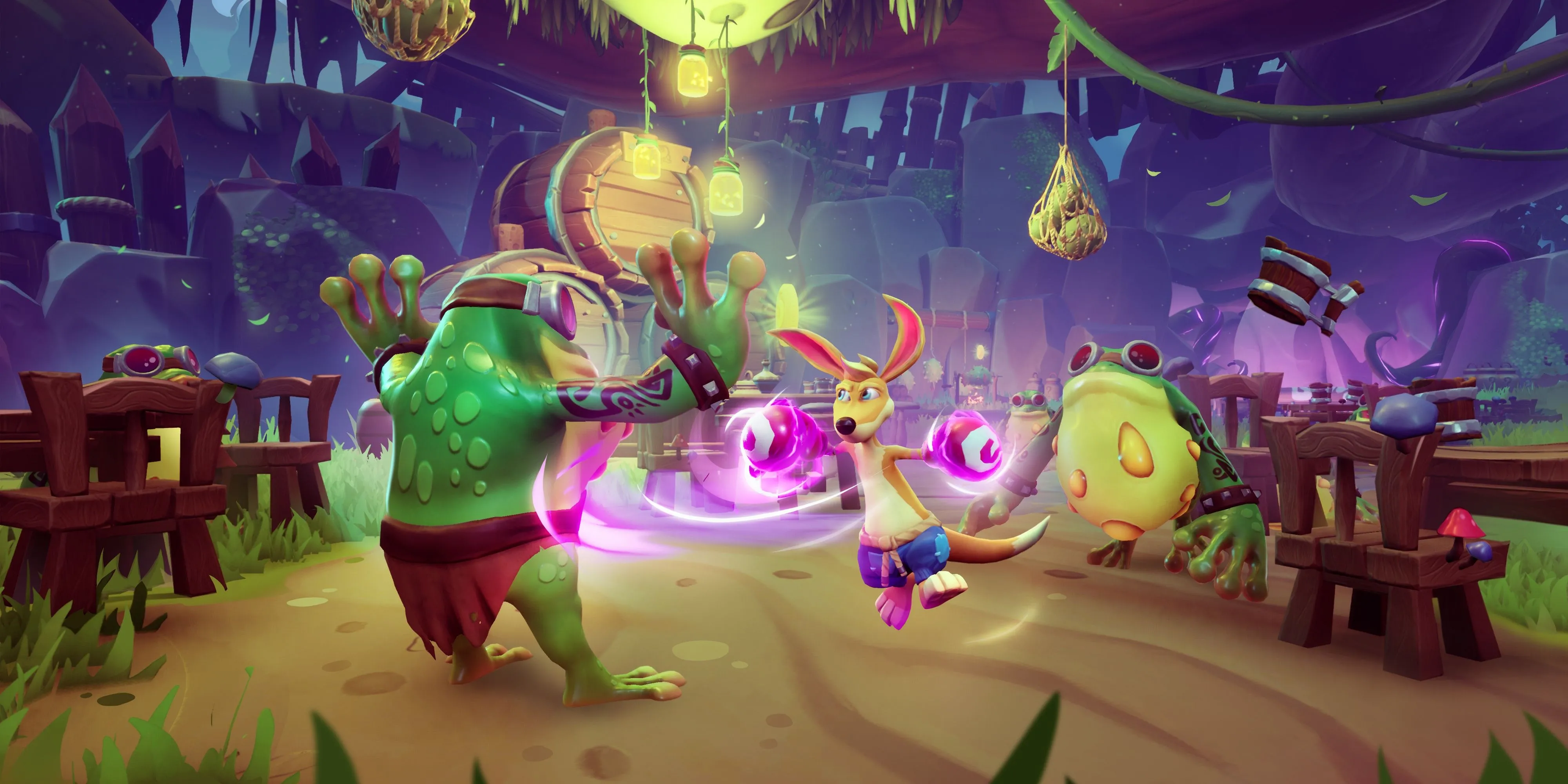 Chú chuột túi Kao đang chiến đấu với những kẻ thù ếch trong game Kao the Kangaroo 2022