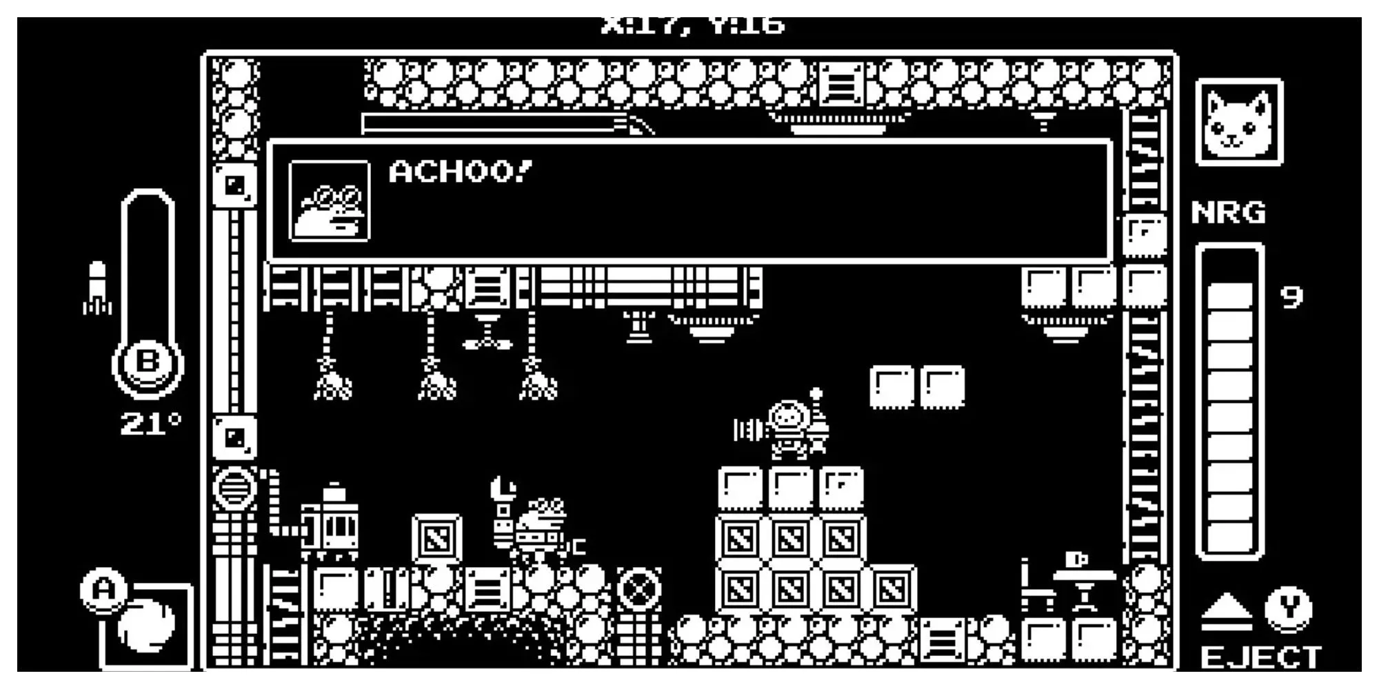 Chú mèo điều khiển robot trong game Gato Roboto đồ họa pixel đơn sắc