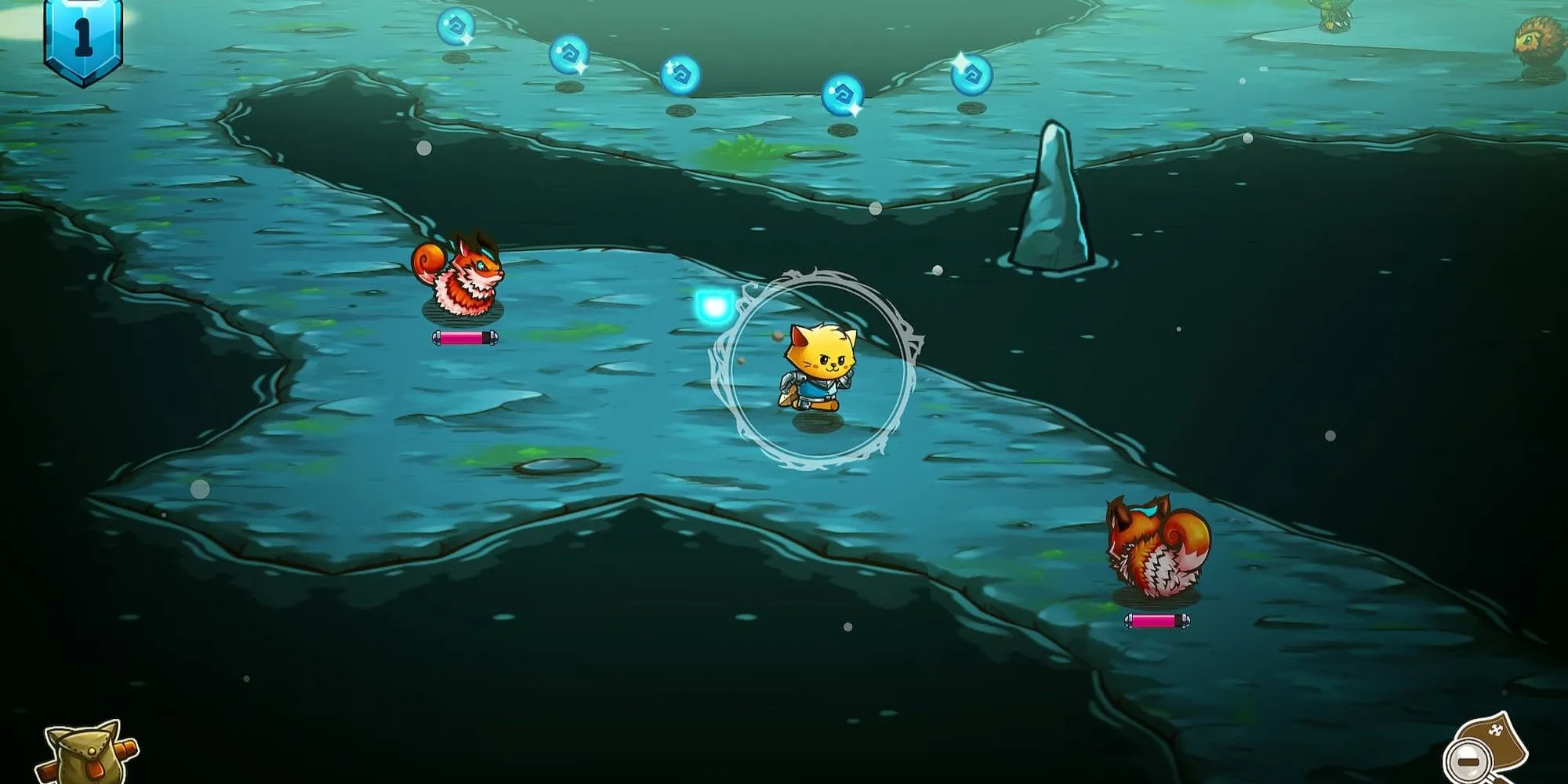Chú mèo hiệp sĩ đứng trong hầm ngục tối của Cat Quest