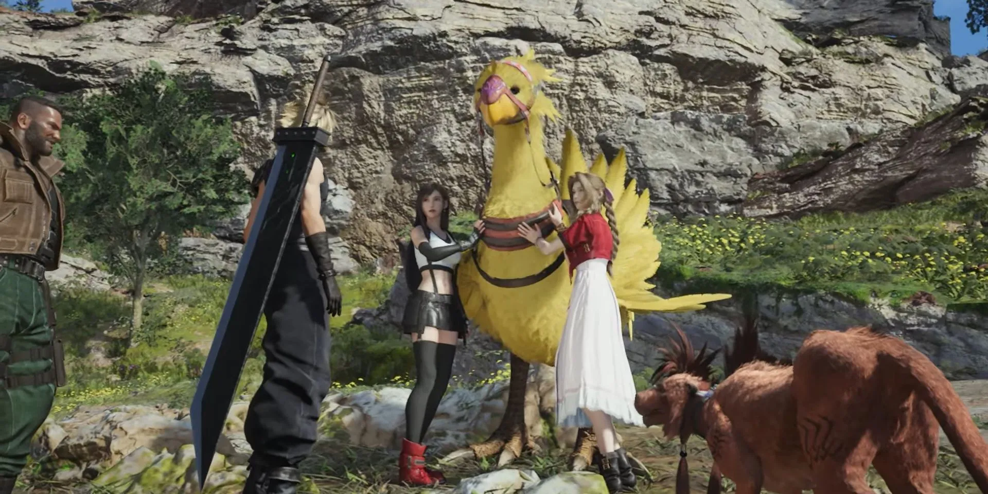 Cloud và nhóm bạn gặp Piko, một chú Chocobo tại trang trại trong Final Fantasy 7 Rebirth