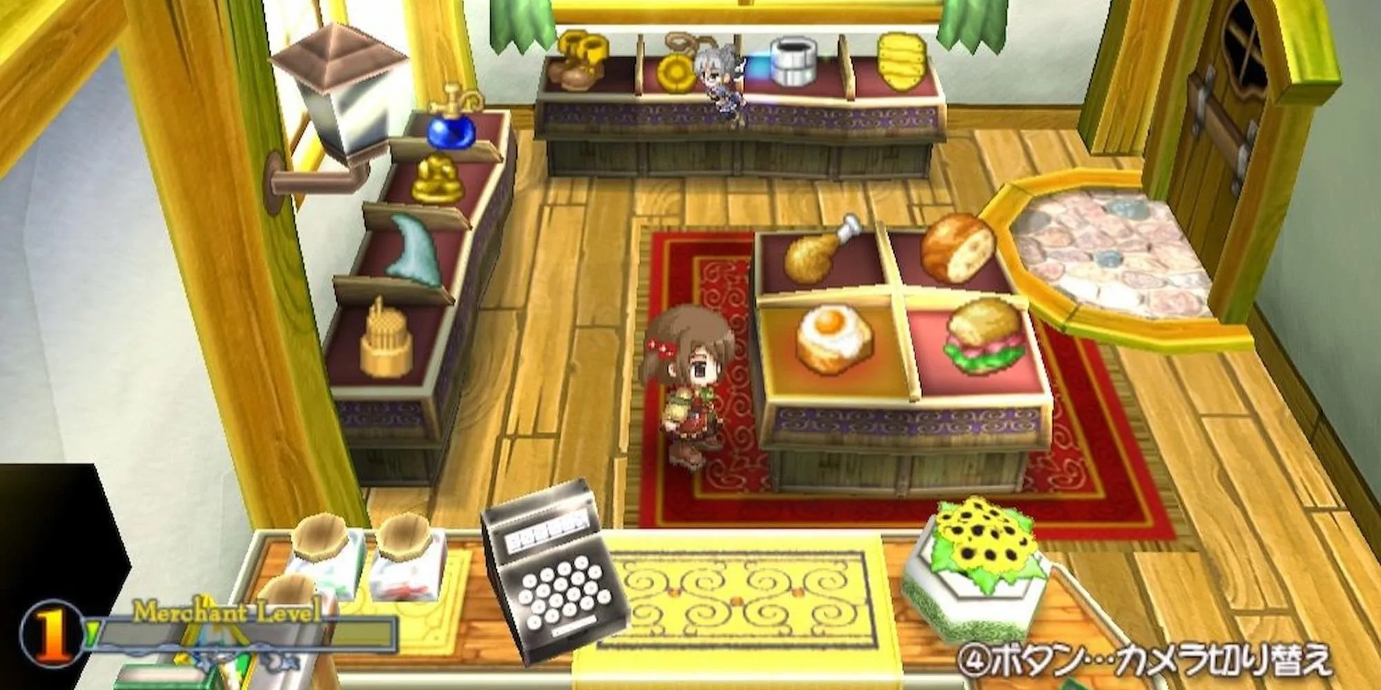 Cô gái Recette đứng trong cửa hàng tạp hóa của mình trong game Recettear An Item Shop's Tale