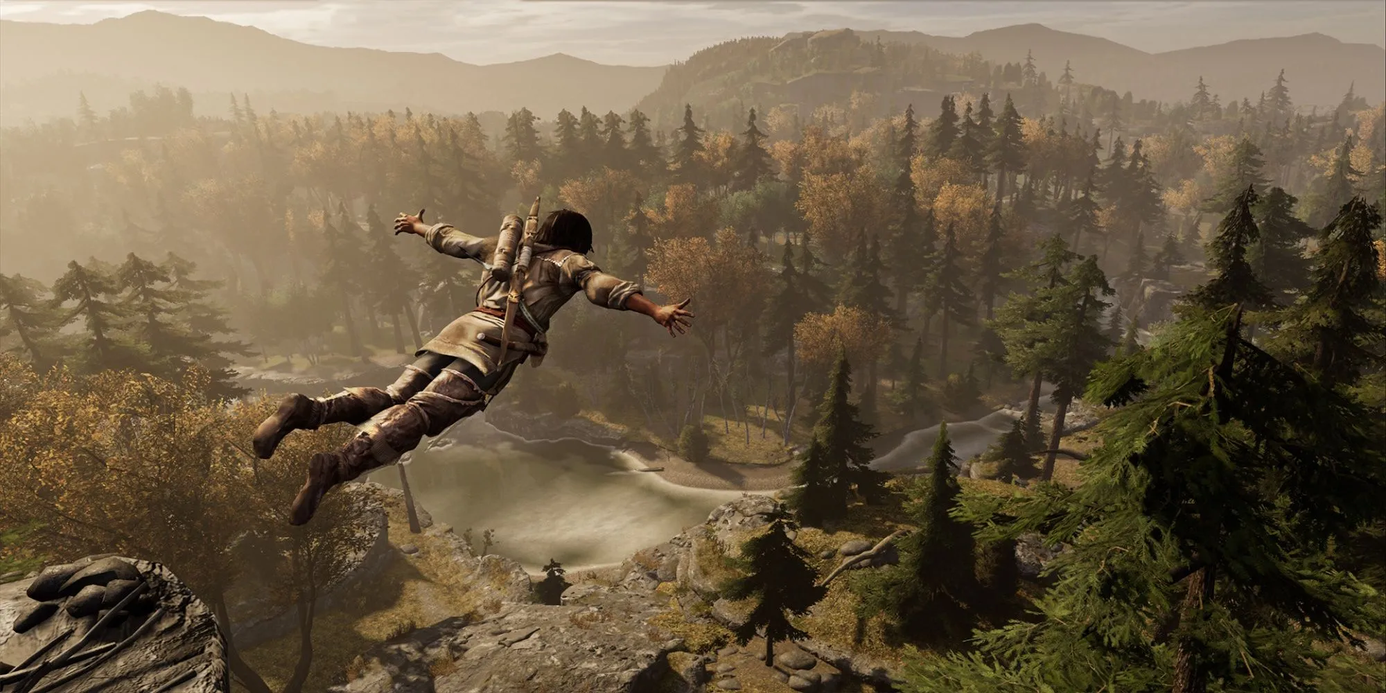 Connor Kenway trong Assassin's Creed 3 đang thực hiện một pha ám sát từ trên cao