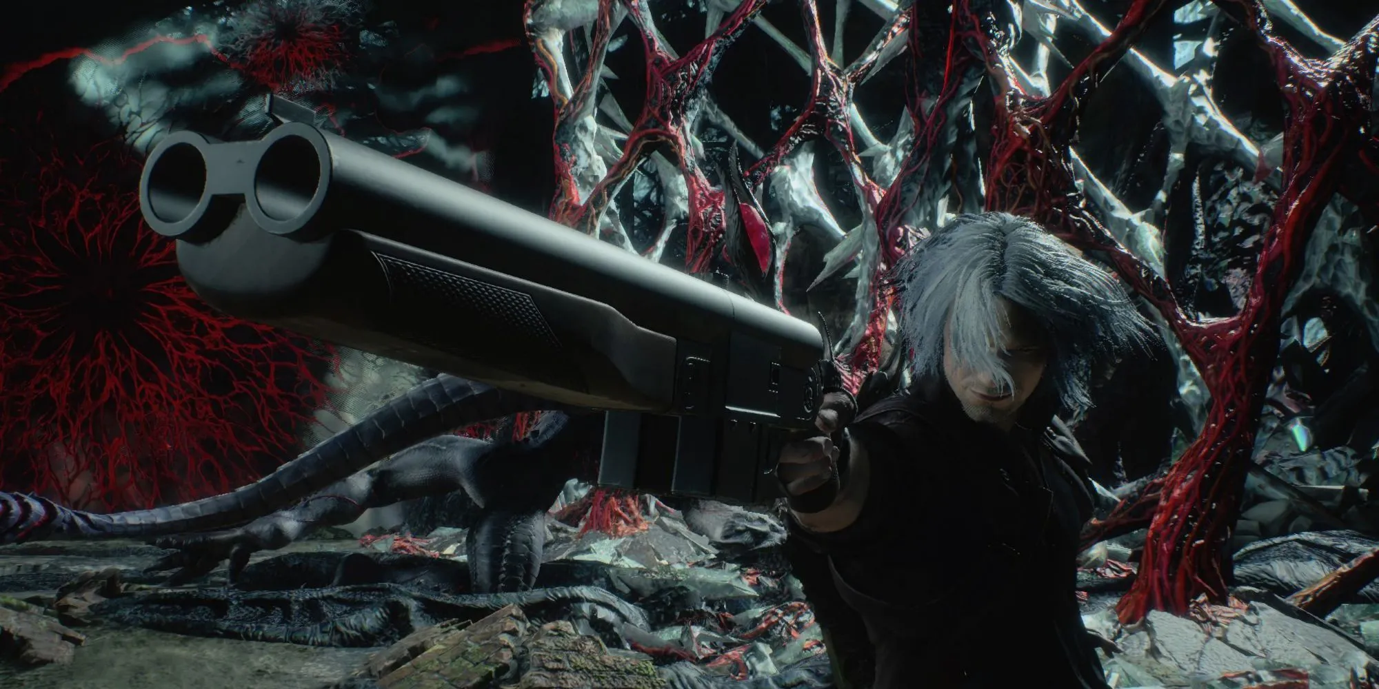 Dante ngắm bắn bằng khẩu shotgun Coyote-A trứ danh trong Devil May Cry 5