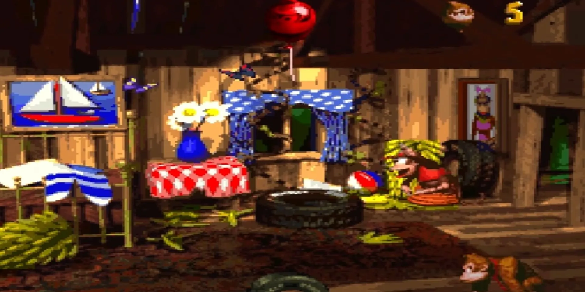 Diddy Kong và Donkey Kong trong một màn chơi của Donkey Kong Country, nổi bật với sprite nhân vật 3D trên nền 2D dựng sẵn