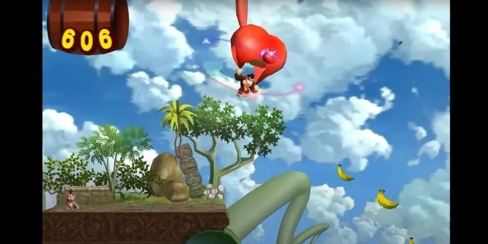 Donkey Kong dù lượn giữa không trung, hướng về phía những quả chuối bay lơ lửng