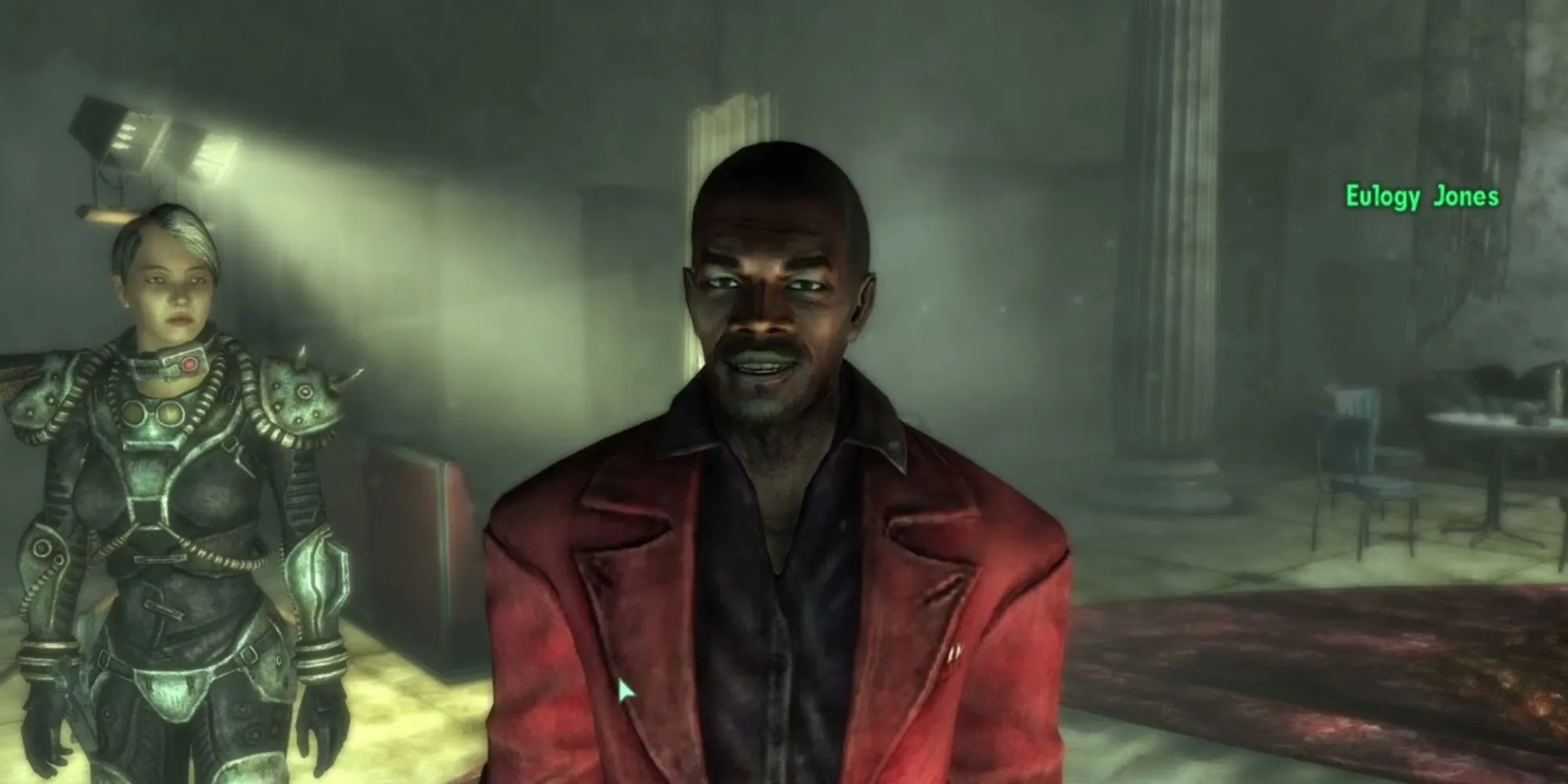 Eulogy Jones, một nhân vật trong Fallout 3, mặc bộ đồ màu tím và đội mũ, ngồi trên ghế bành