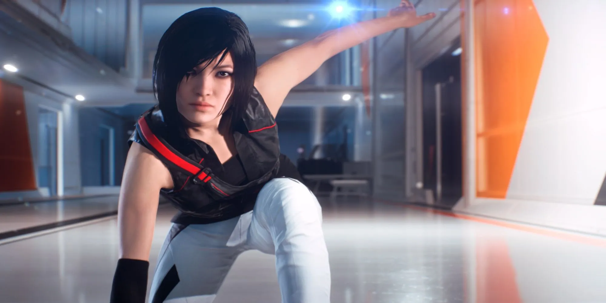 Faith Connors trong Mirror's Edge Catalyst thực hiện cú nhảy parkour