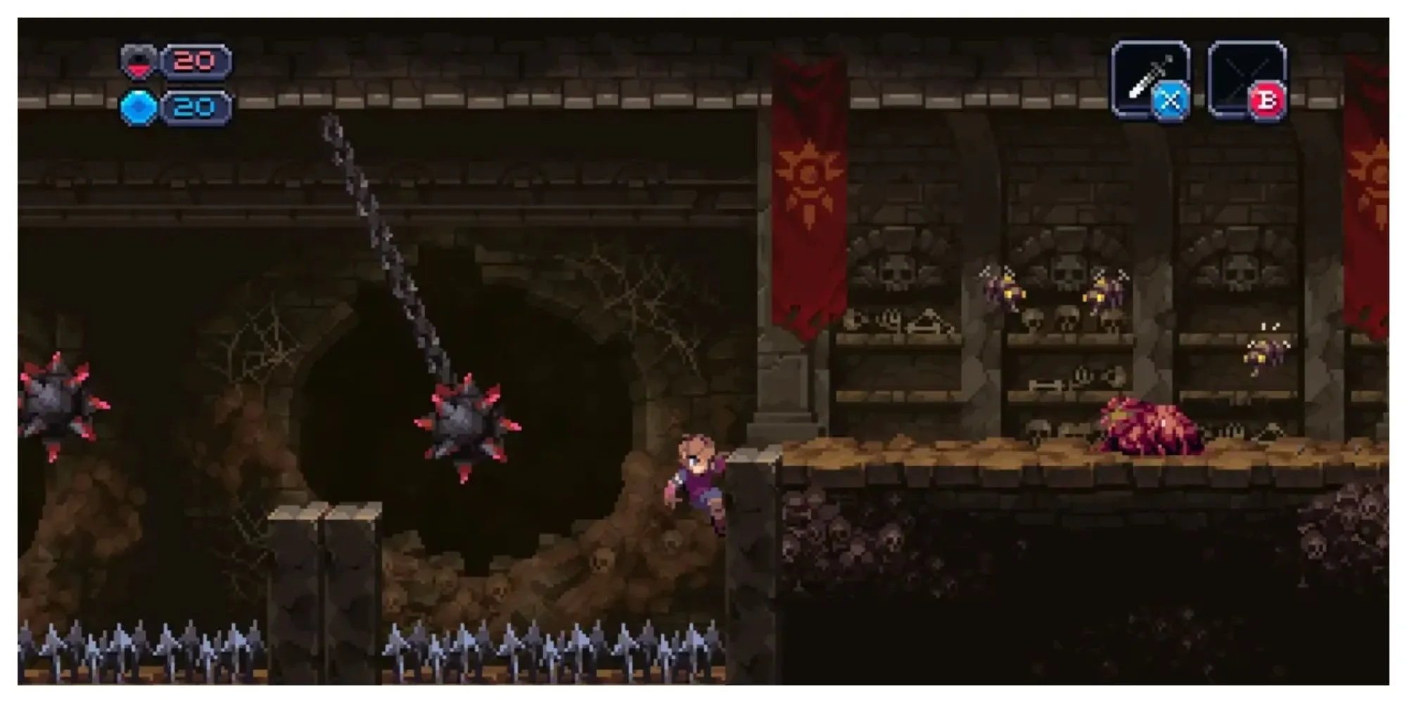 Gameplay Chasm với nhân vật chính khám phá hầm ngục pixel art