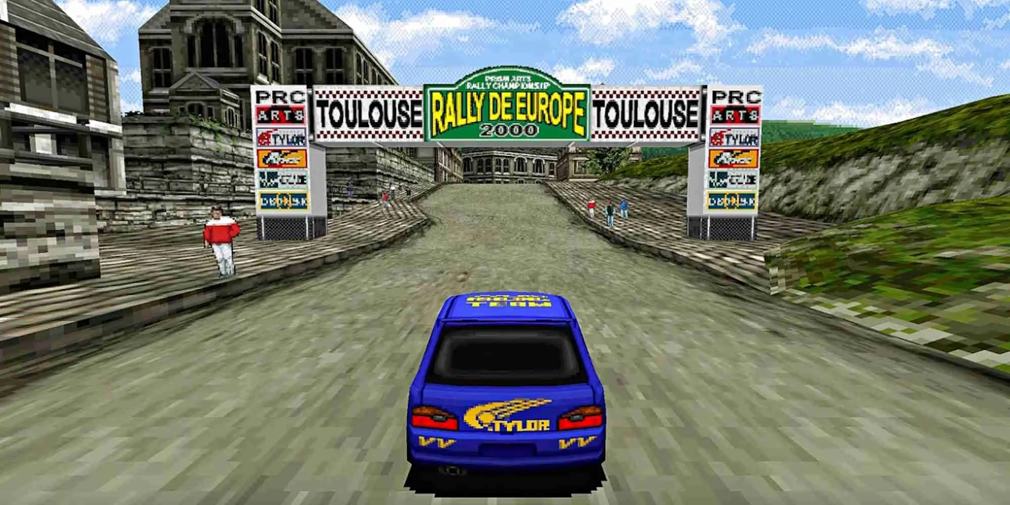 Gameplay game đua xe Rally De Europe PS1 với chiếc xe đang drift trên đường đua địa hình