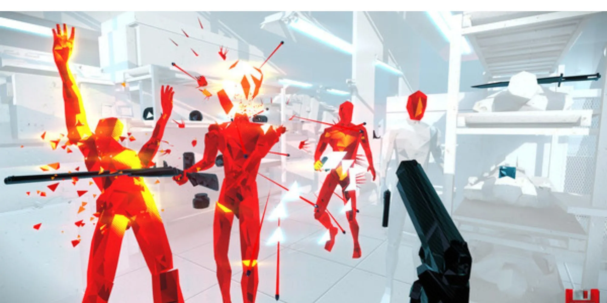 Gameplay SUPERHOT với kẻ địch màu đỏ đặc trưng và môi trường trắng tối giản