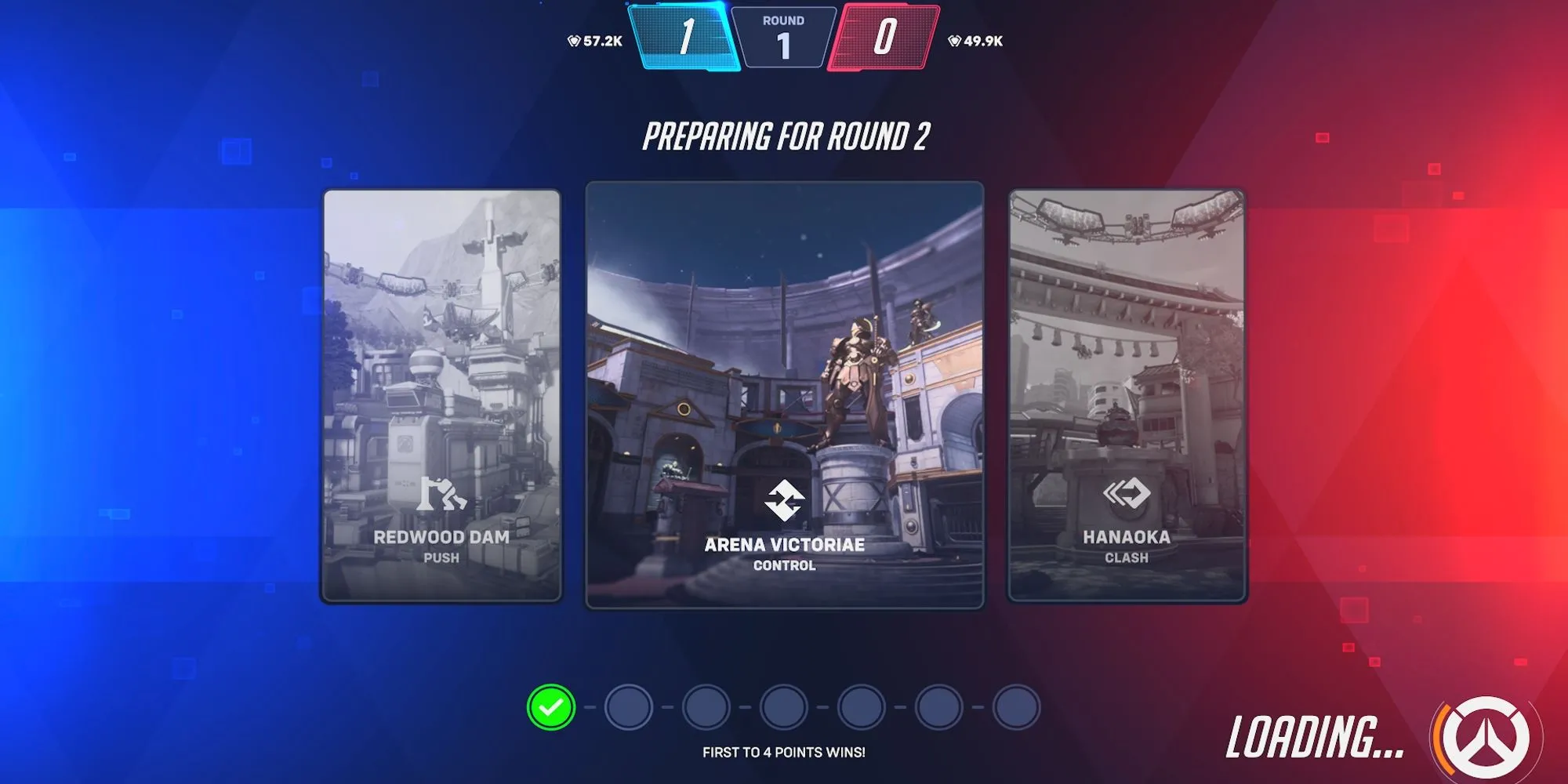 Giao diện bắt đầu Round 2 trong chế độ Stadium của Overwatch 2