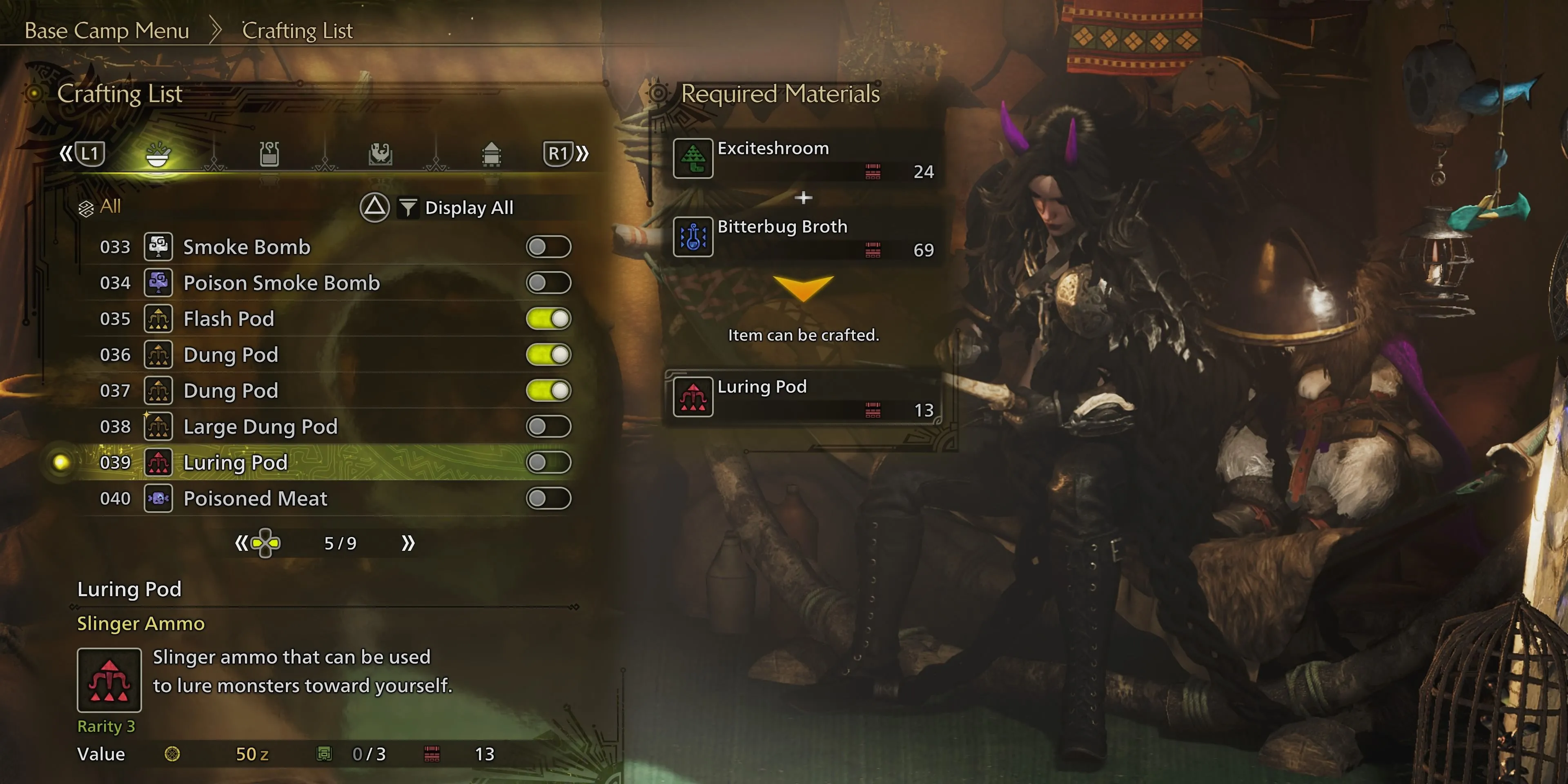Giao diện chế tạo Luring Pod trong Monster Hunter Wilds với các nguyên liệu cần thiết