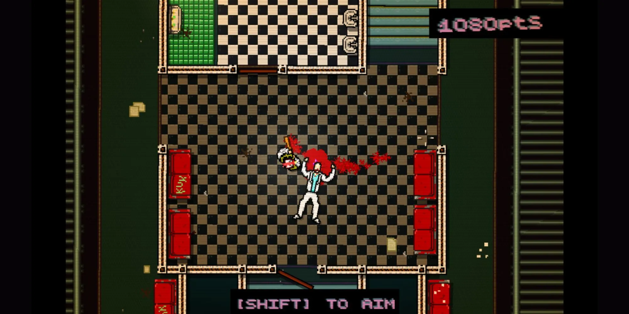 Giao diện chính của game Hotline Miami với nhân vật nhìn từ trên xuống trong một căn phòng đầy kẻ thù