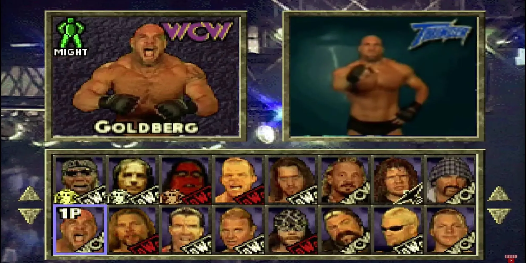 Giao diện chọn đô vật trong game WCW/nWo Thunder trên PlayStation