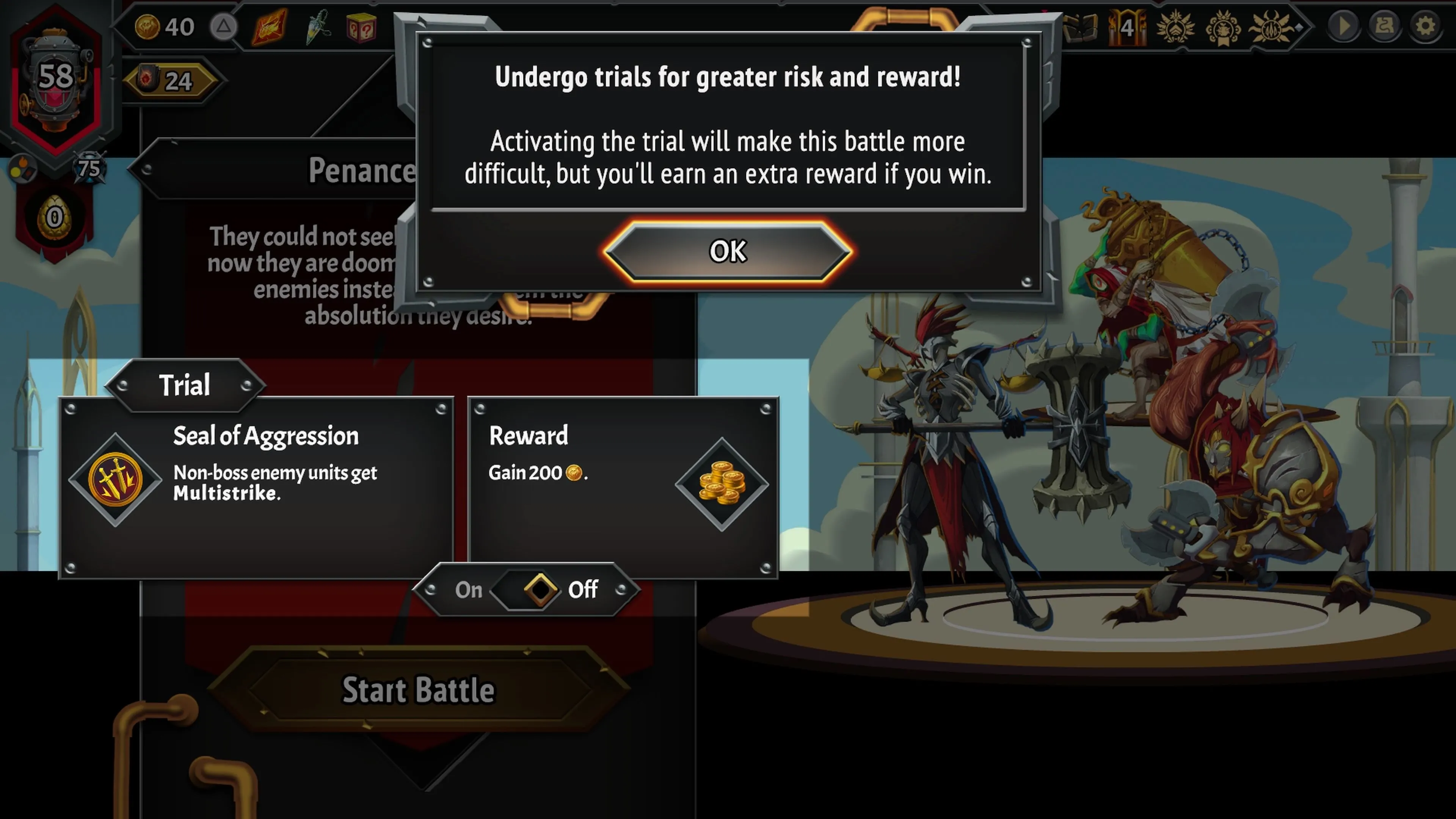 Giao diện chọn Thử Thách (Trials) trước trận đấu trong Monster Train 2.