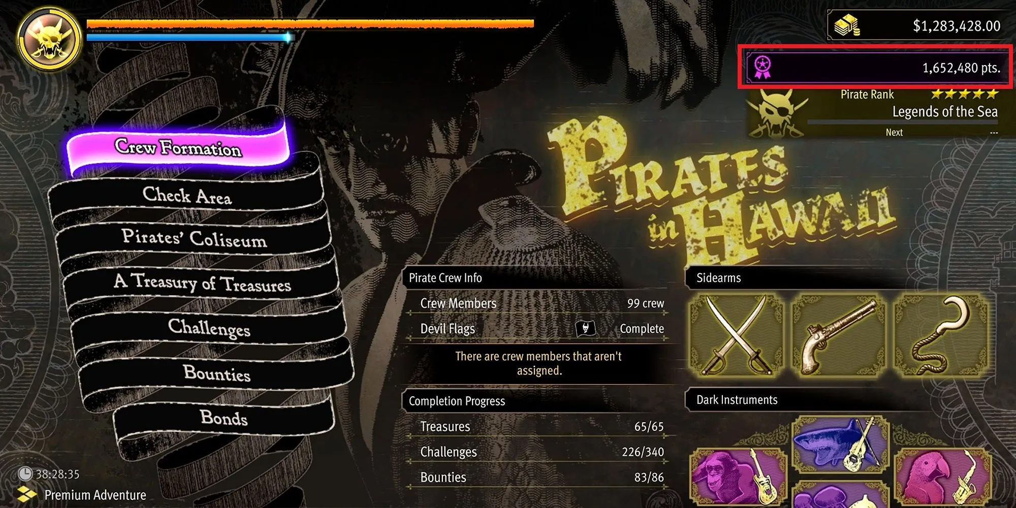 Giao diện Danh Vọng trong Like A Dragon Pirate Yakuza in Hawaii hiển thị cấp độ và điểm cần thiết