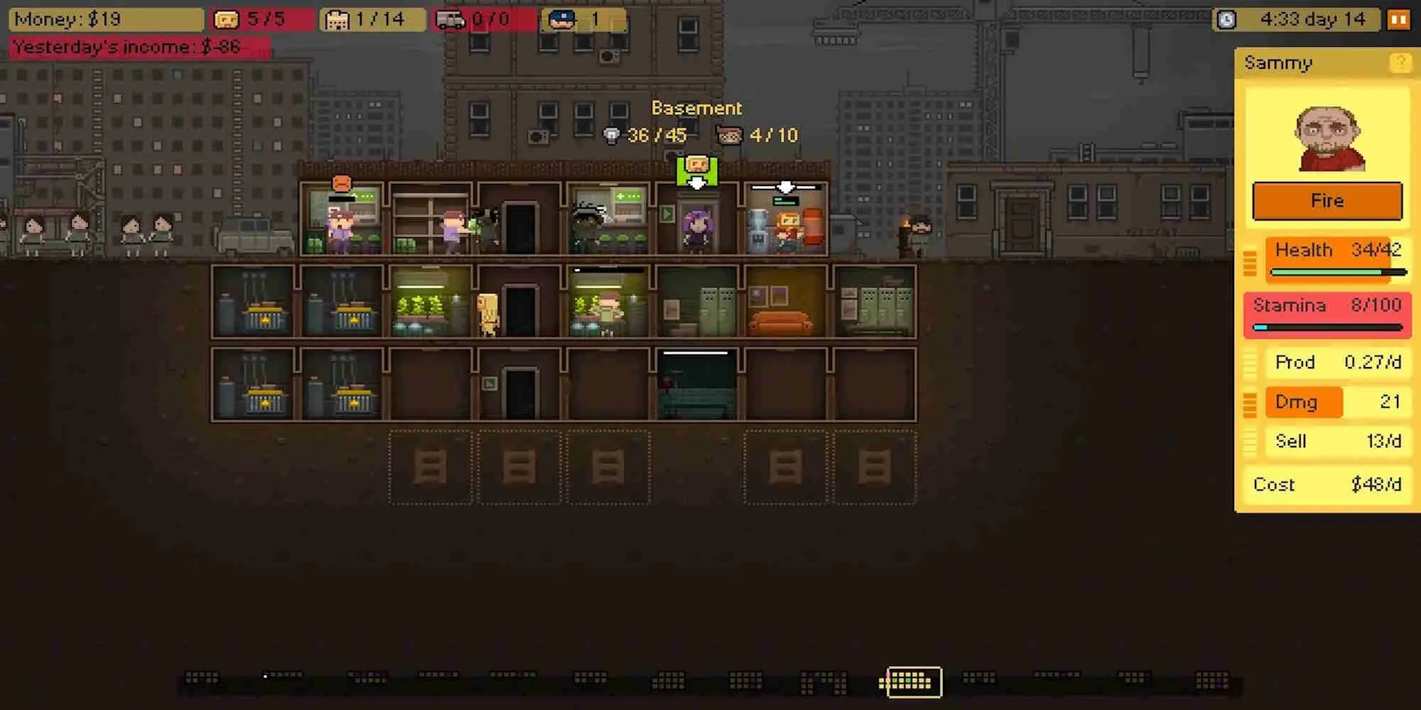 Giao diện game Basement với các phòng thí nghiệm và nhân công đang hoạt động dưới lòng đất