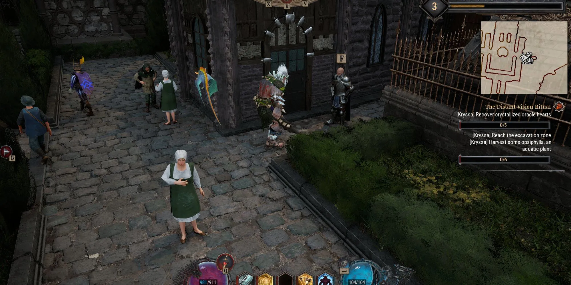 Giao diện game Dragonkin The Banished với người chơi tại thành Montescail gần NPC đổi độ khó