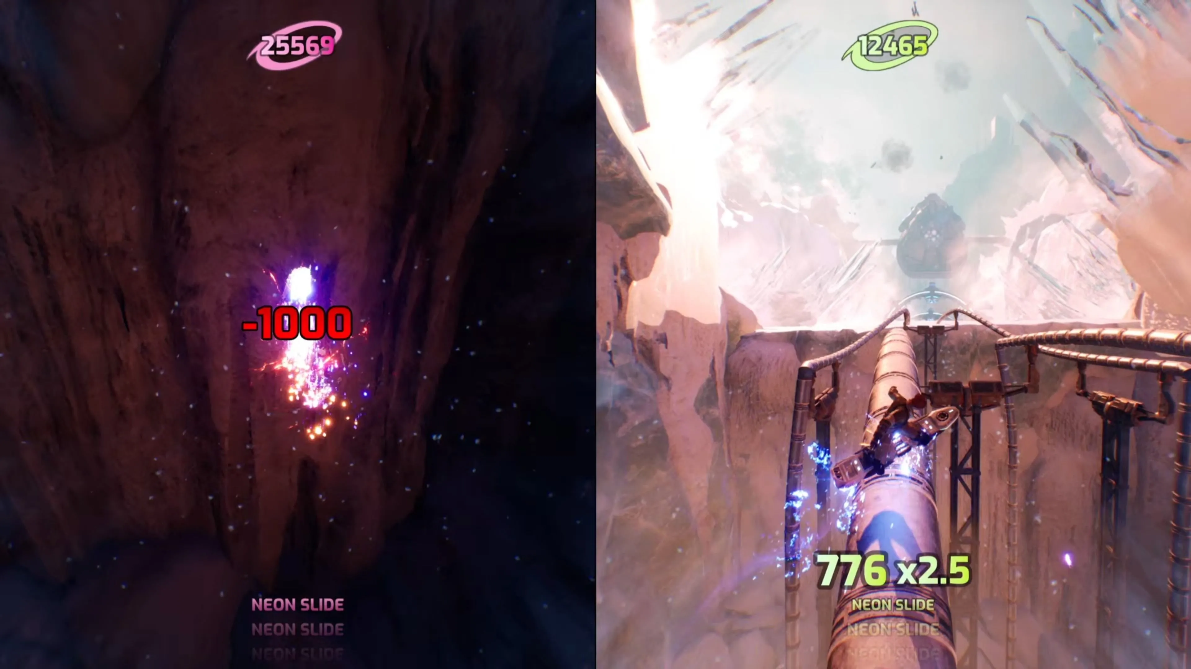 Giao diện game Split Fiction Slopes of War hiển thị điểm số và nhân vật Mio.