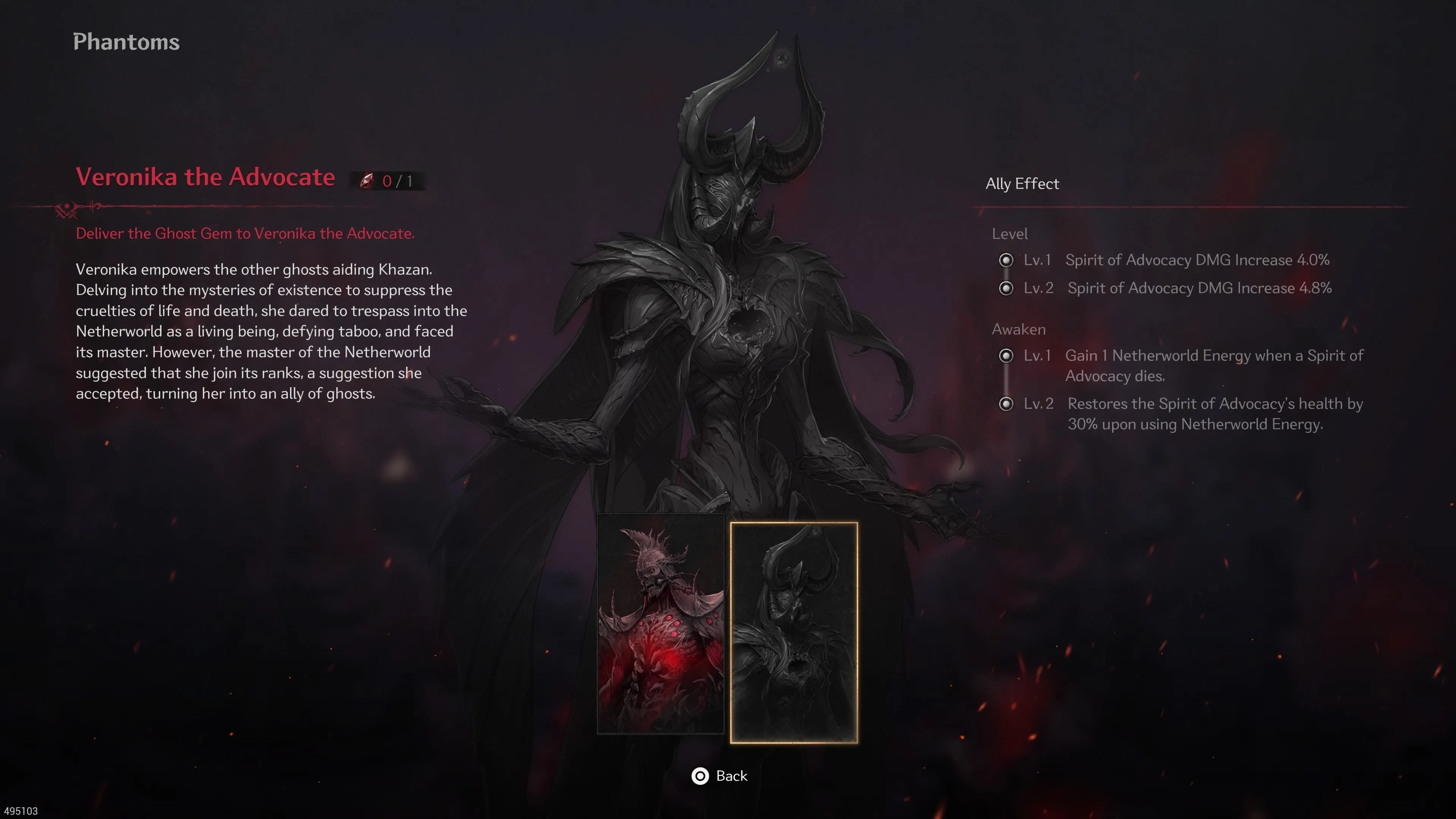 Giao diện hiển thị Phantom Veronika the Advocate trong The First Berserker Khazan, một Phantom tiềm năng khác