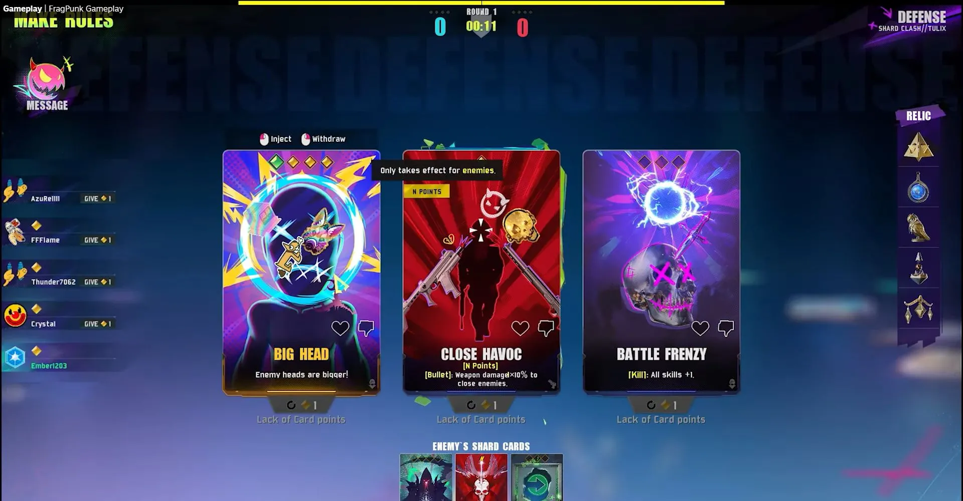 Giao diện lựa chọn thẻ bài mảnh vỡ (shard cards) trong FragPunk