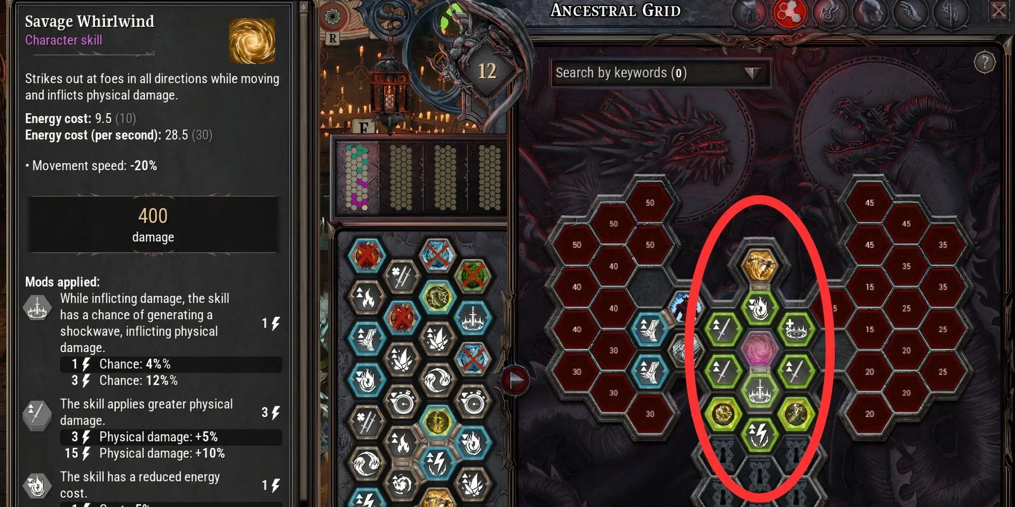 Giao diện Lưới Tổ Tiên (Ancestral Grid) trong Dragonkin The Banished với các Mảnh Hex kích hoạt Symbiosis