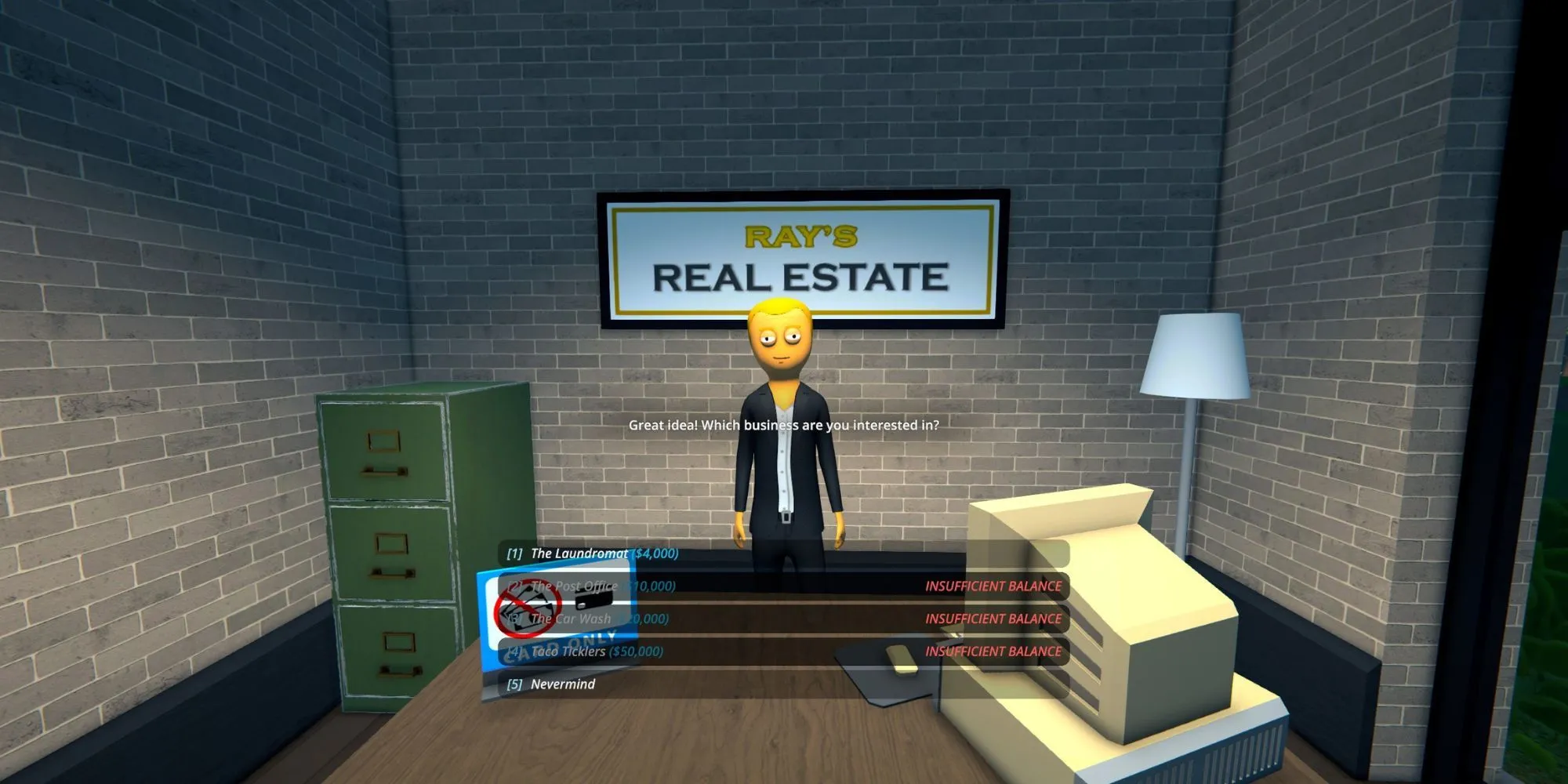 Giao diện mua Tiệm giặt ủi tại Ray's Realty trong game Schedule 1, với giá 4,000 đô la
