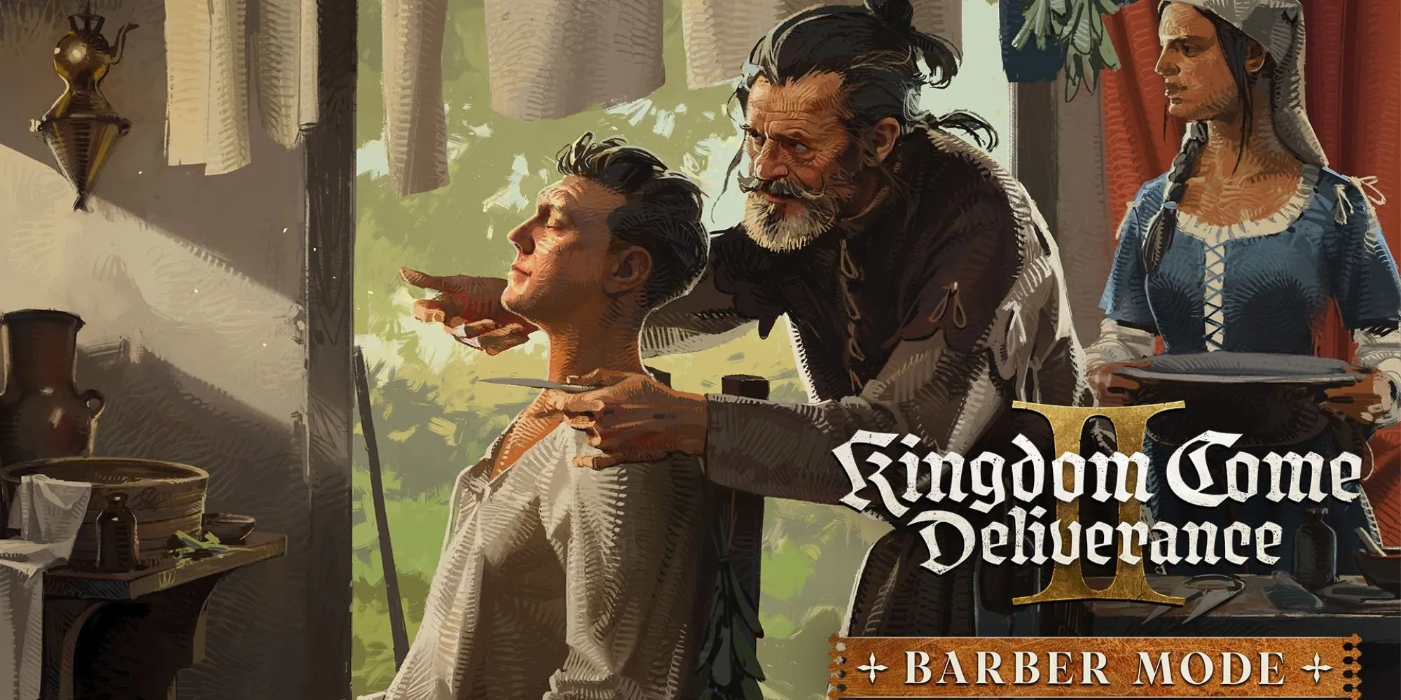 Giao diện tiệm cắt tóc trong Kingdom Come Deliverance 2, nơi người chơi có thể tùy chỉnh ngoại hình nhân vật với các kiểu tóc mới.