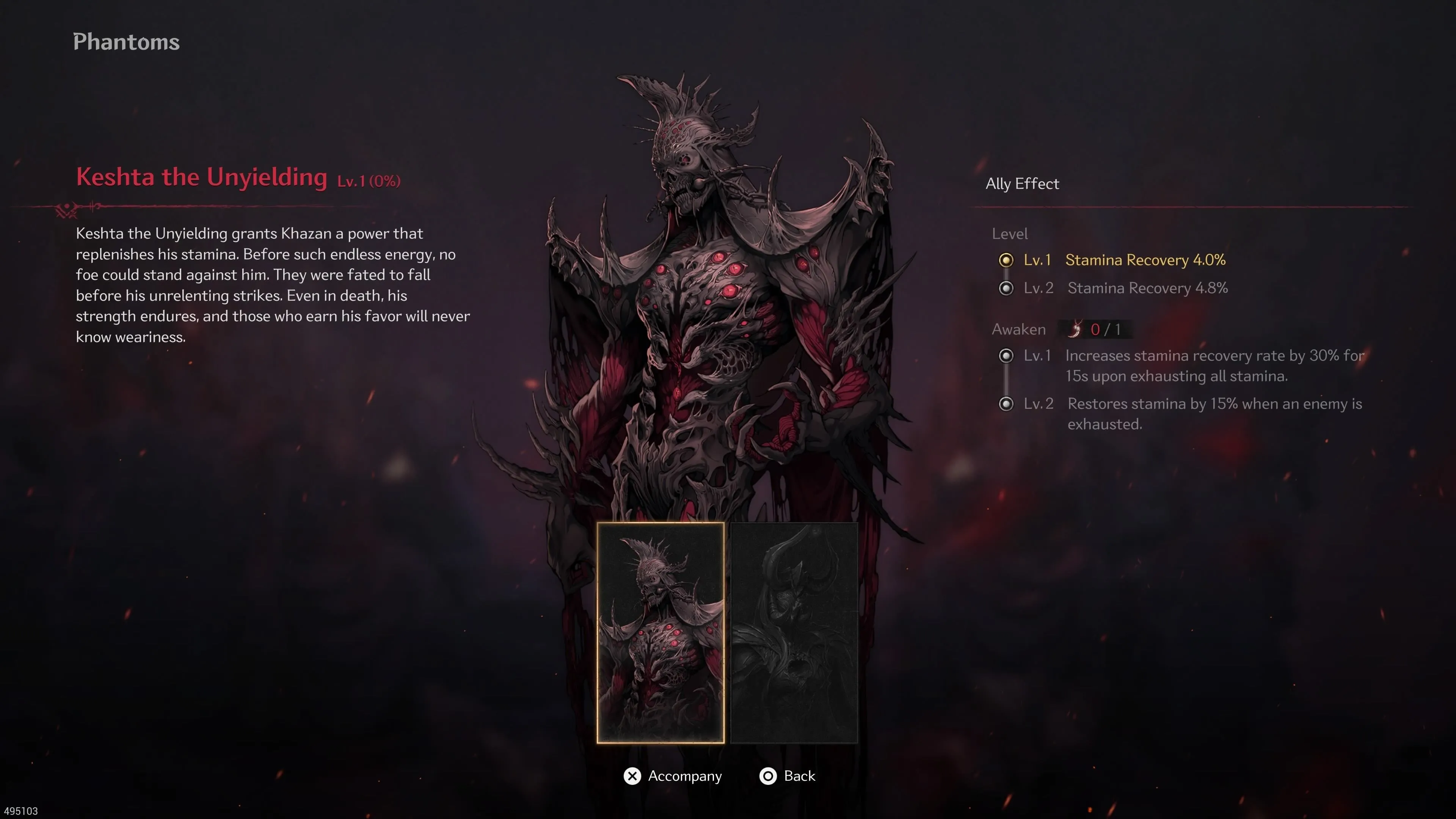 Giao diện trang bị Phantom Keshta trong The First Berserker Khazan, hiển thị các chỉ số và lợi ích