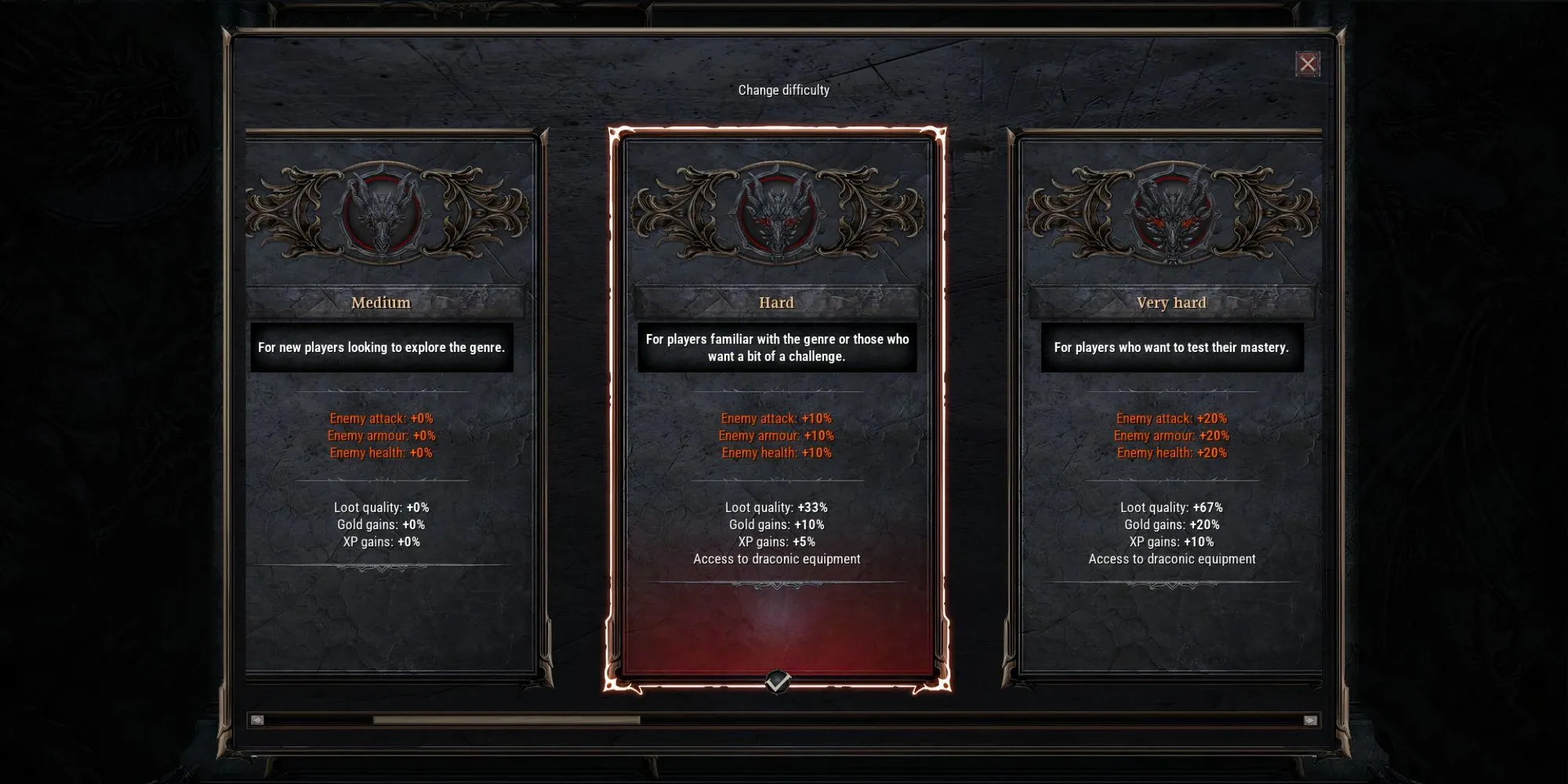 Giao diện tùy chỉnh các mức độ khó trong game Dragonkin The Banished