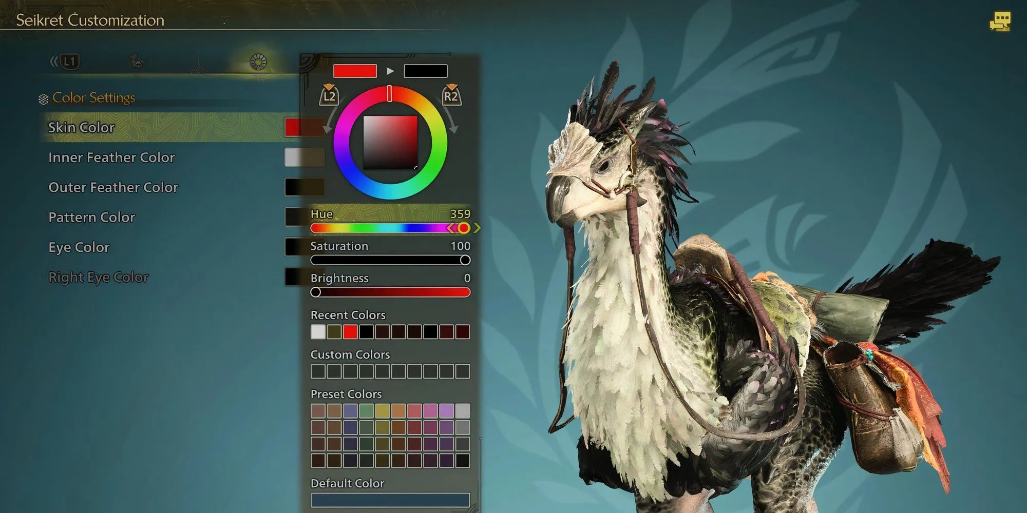 Giao diện tùy chỉnh màu sắc chi tiết cho Seikret trong Monster Hunter Wilds