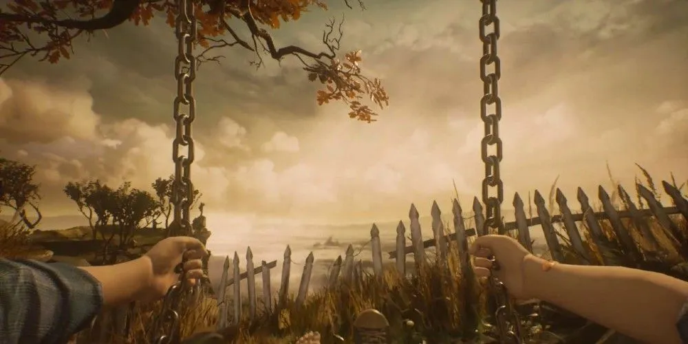 Góc nhìn người thứ nhất trên một chiếc xích đu với hàng rào gãy phía trước trong What Remains of Edith Finch