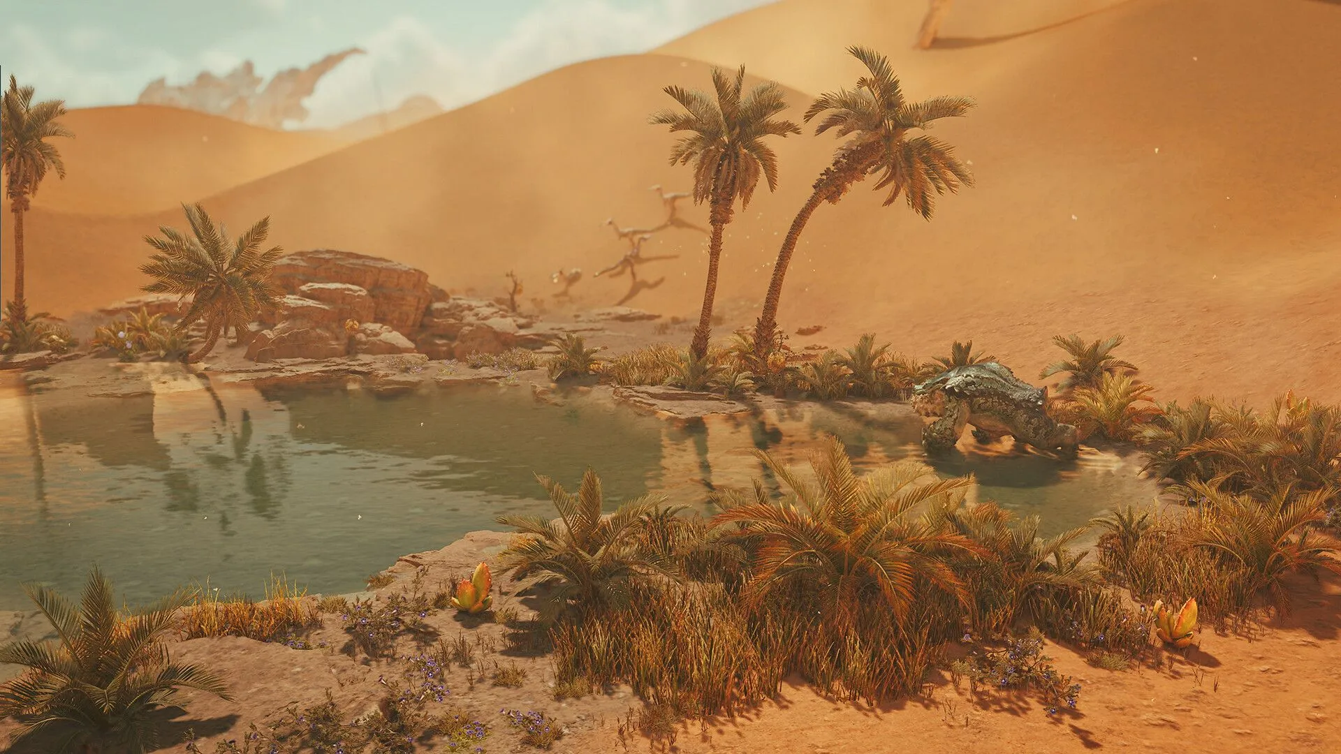 Góc nhìn toàn cảnh về thế giới rộng lớn trong Monster Hunter Wilds, nơi người chơi sẽ khám phá và tìm kiếm các vị trí cắm trại.