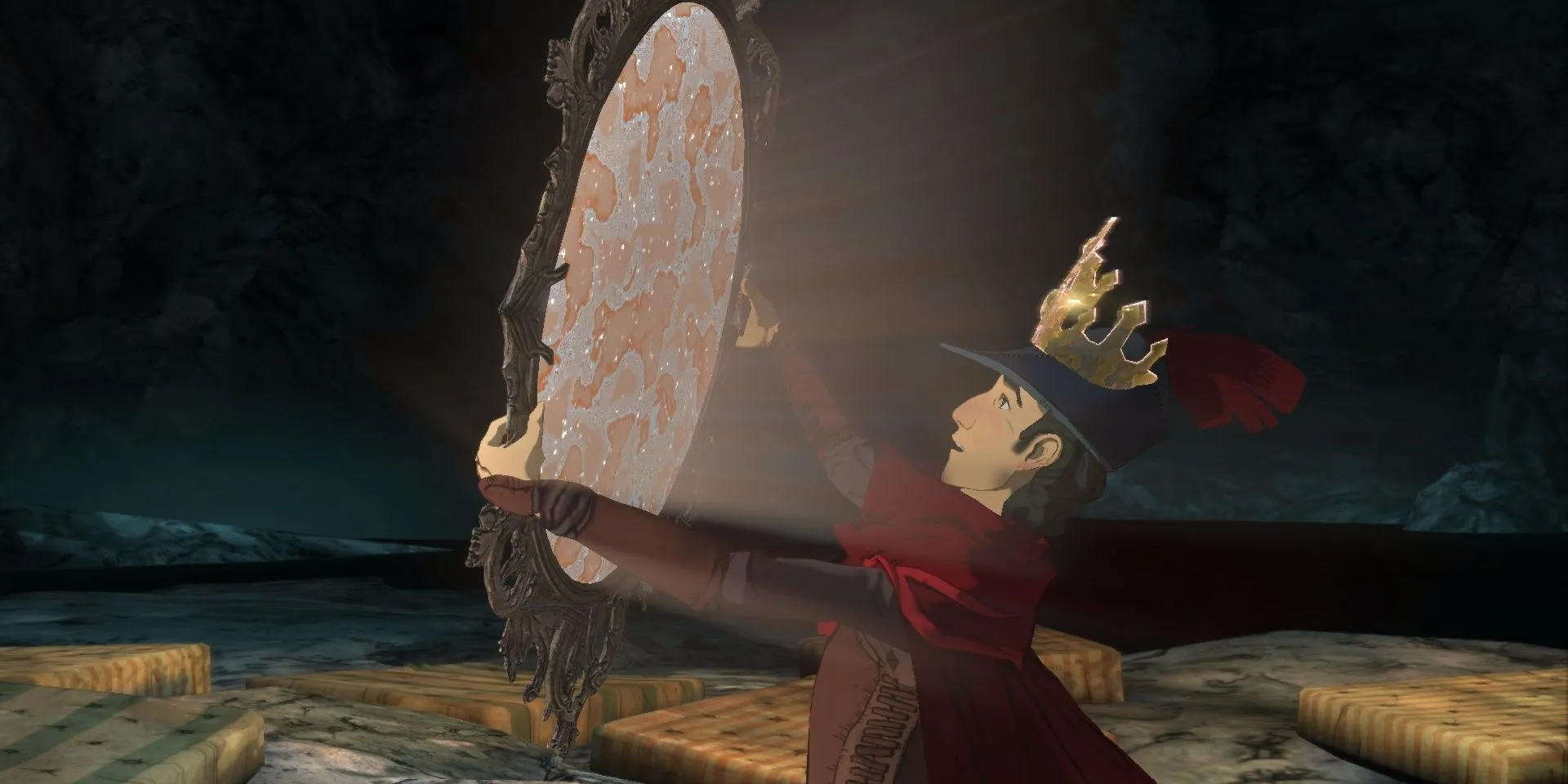 Graham nhìn vào gương, một cảnh trong game King's Quest 2015