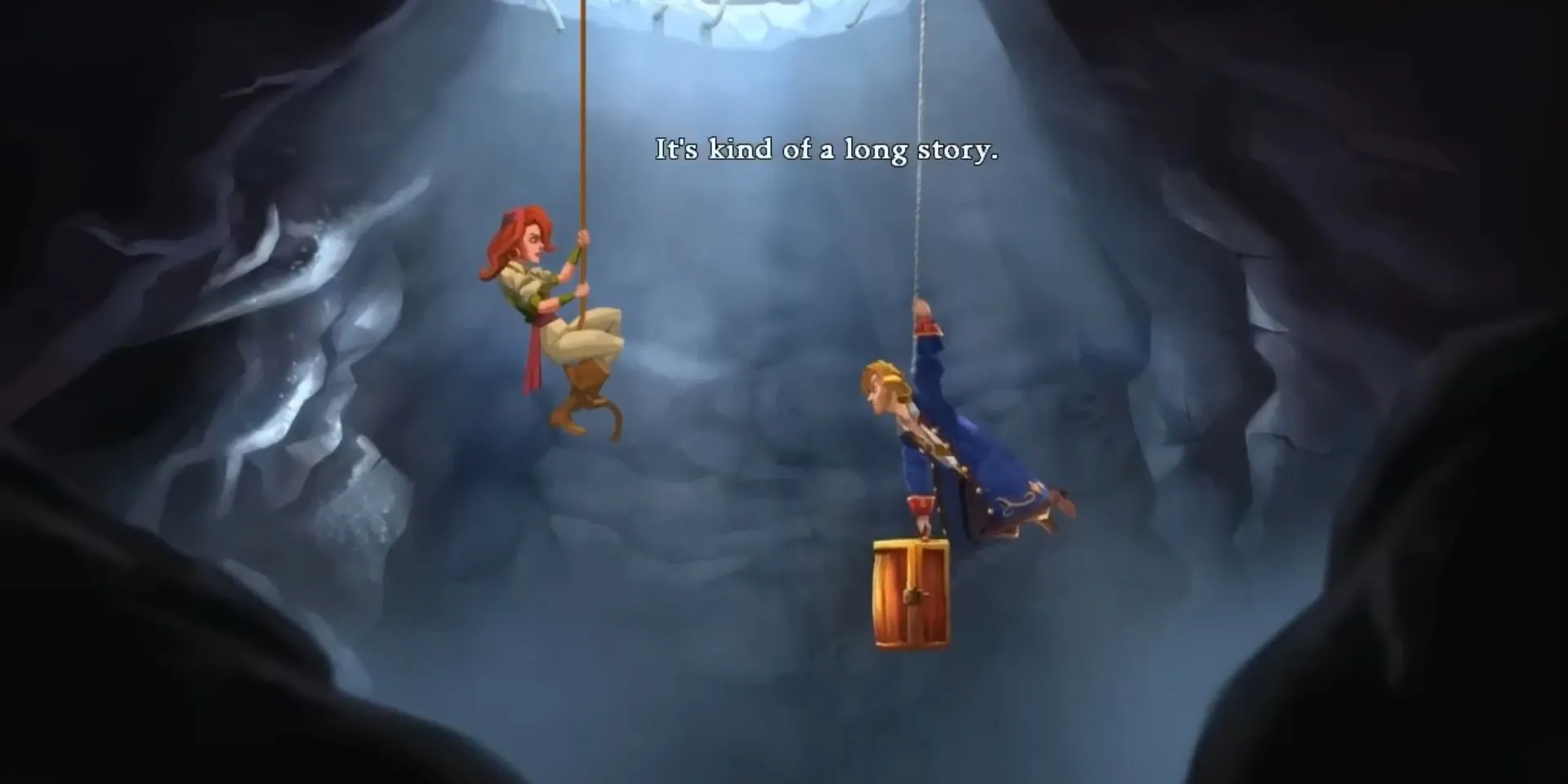 Guybrush và Elaine đu dây trong Monkey Island 2 LeChuck's Revenge