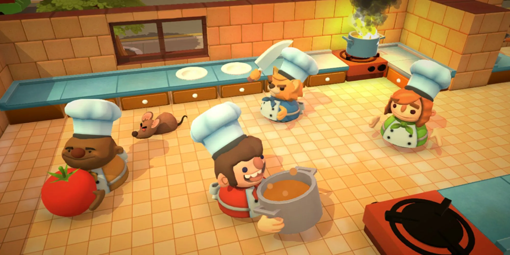 Hai đầu bếp hoạt hình trong Overcooked 2 đang hối hả nấu ăn trong một nhà bếp hỗn loạn