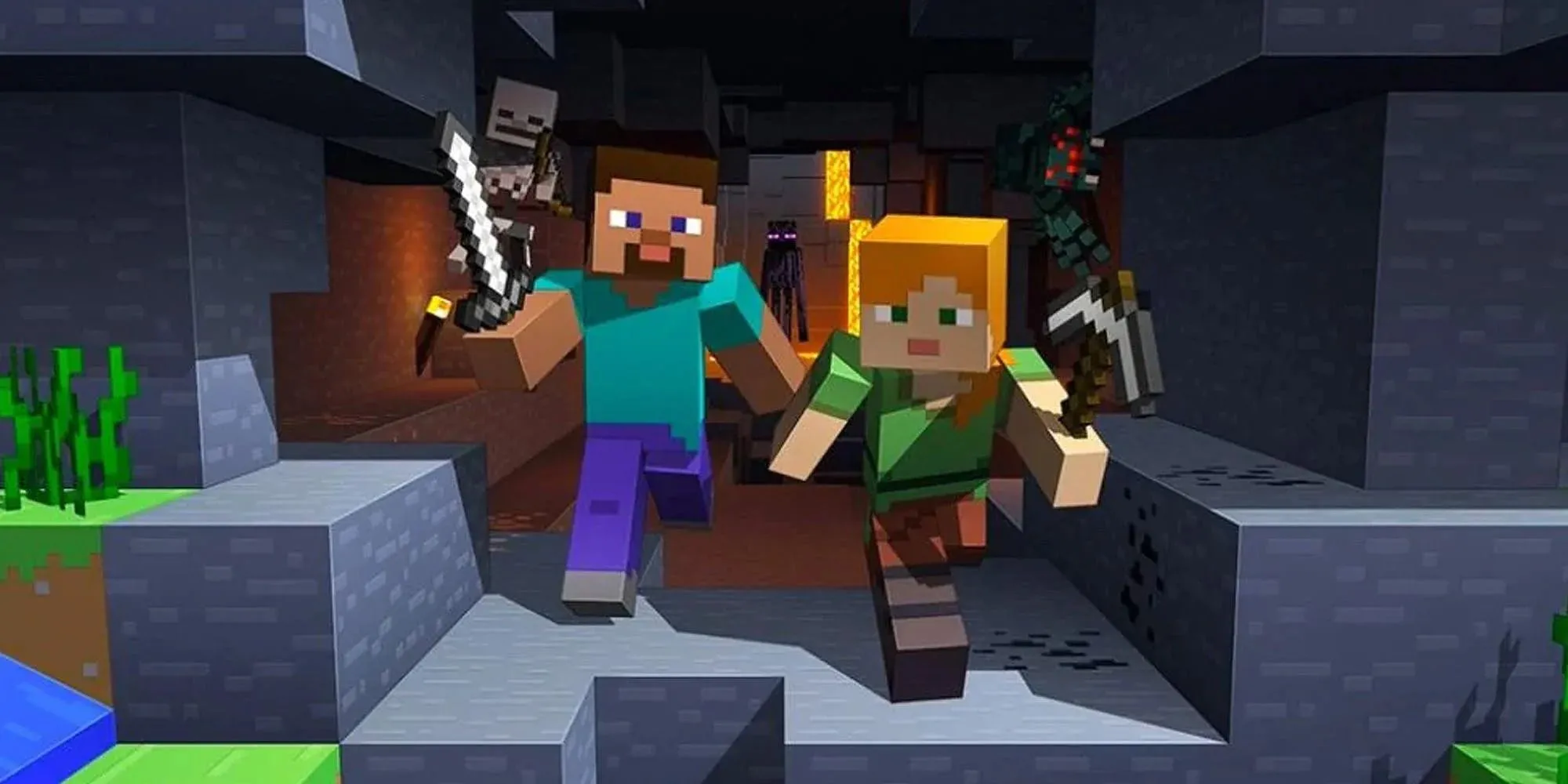 Hai người chơi Minecraft chạy khỏi hang động bị quái vật truy đuổi