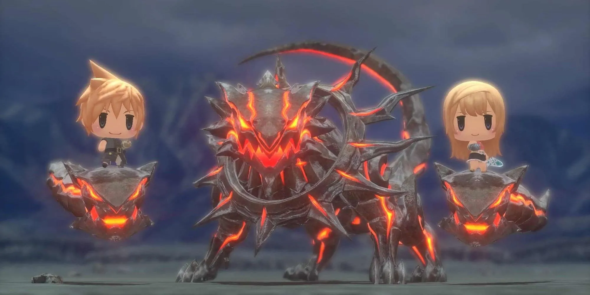 Hai nhân vật chibi đứng trên một con quái vật lớn trong thế giới World of Final Fantasy