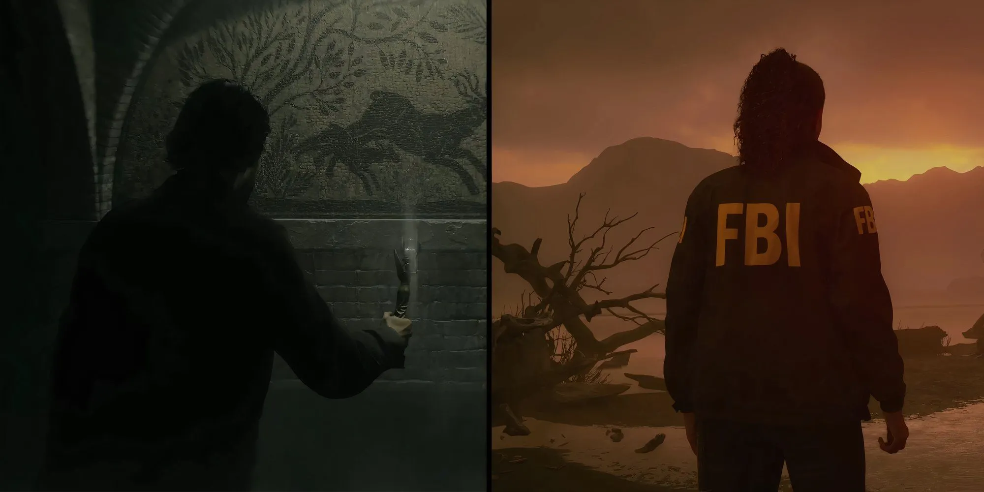 Hai nhân vật chính Alan Wake và Saga Anderson quay lưng trong các môi trường khác nhau của Alan Wake 2