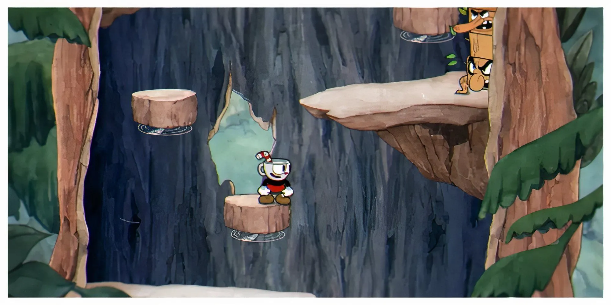 Hai nhân vật Cuphead và Mugman trong một trận đấu boss đầy màu sắc và thử thách