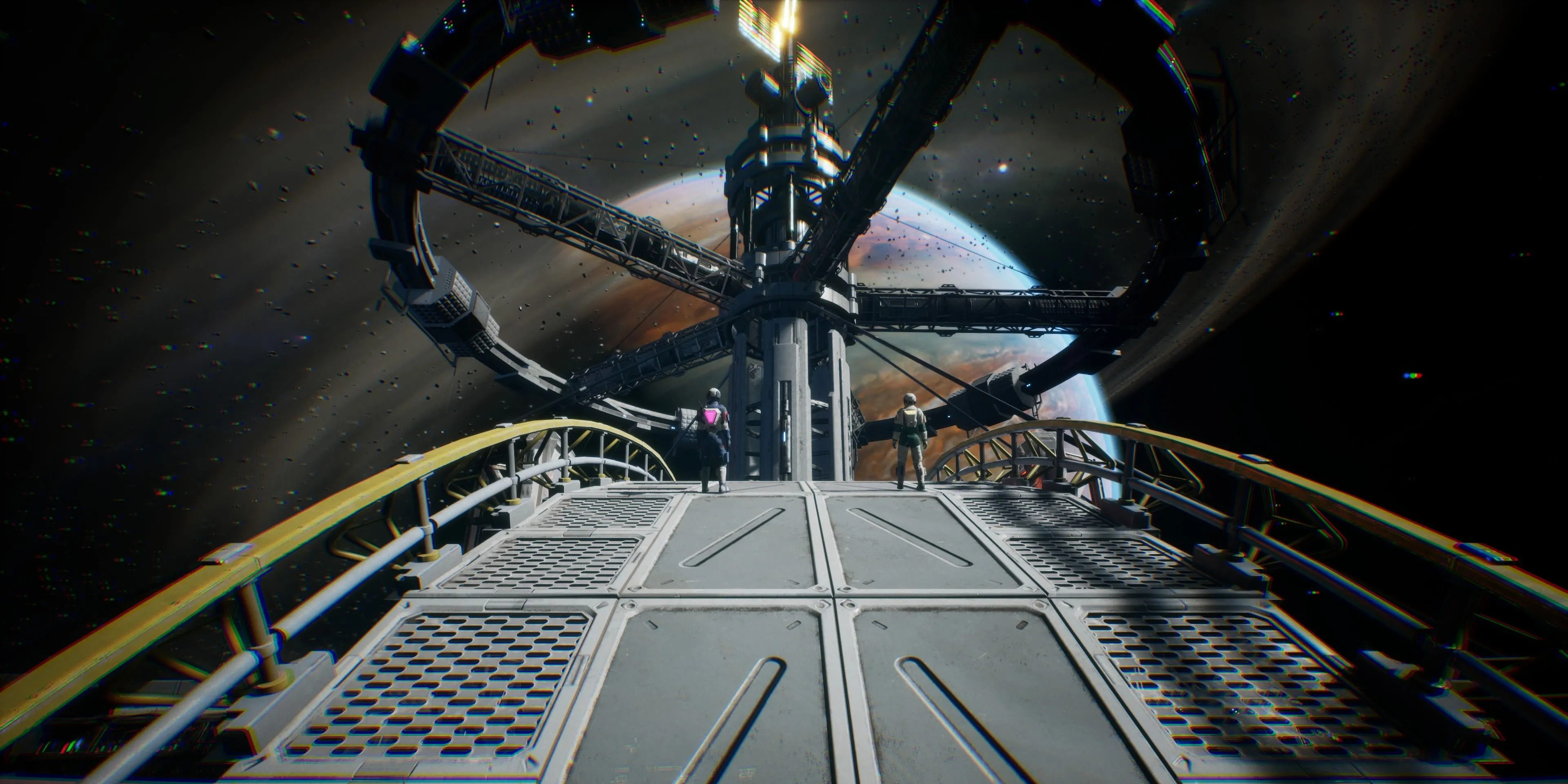 Hai nhân vật đang di chuyển trong không gian tối tăm trong màn chơi phụ Space Escape của Split Fiction
