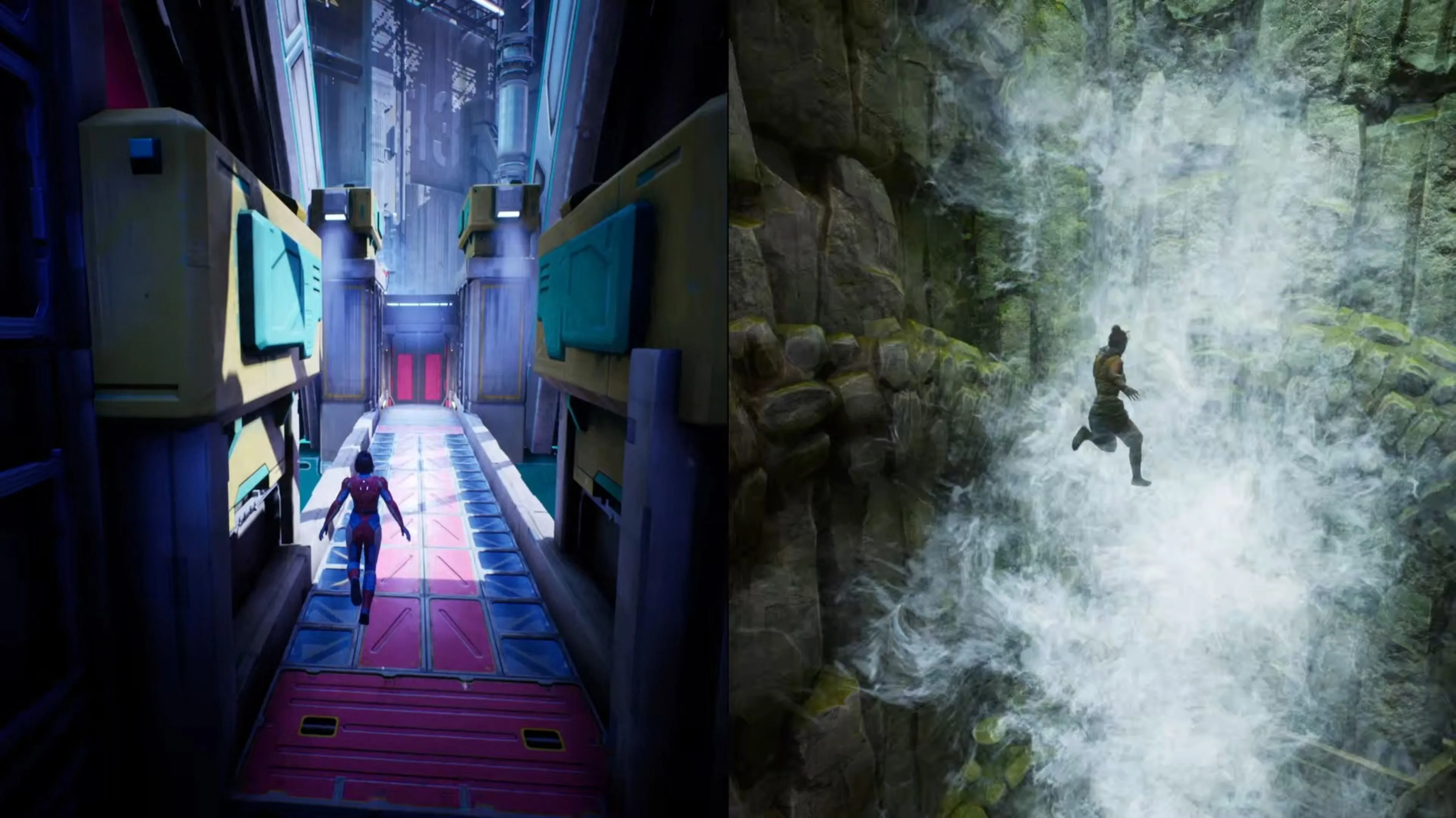 Hai nhân vật game Split Fiction sử dụng quạt khổng lồ và mạch nước phun để bay lên cao